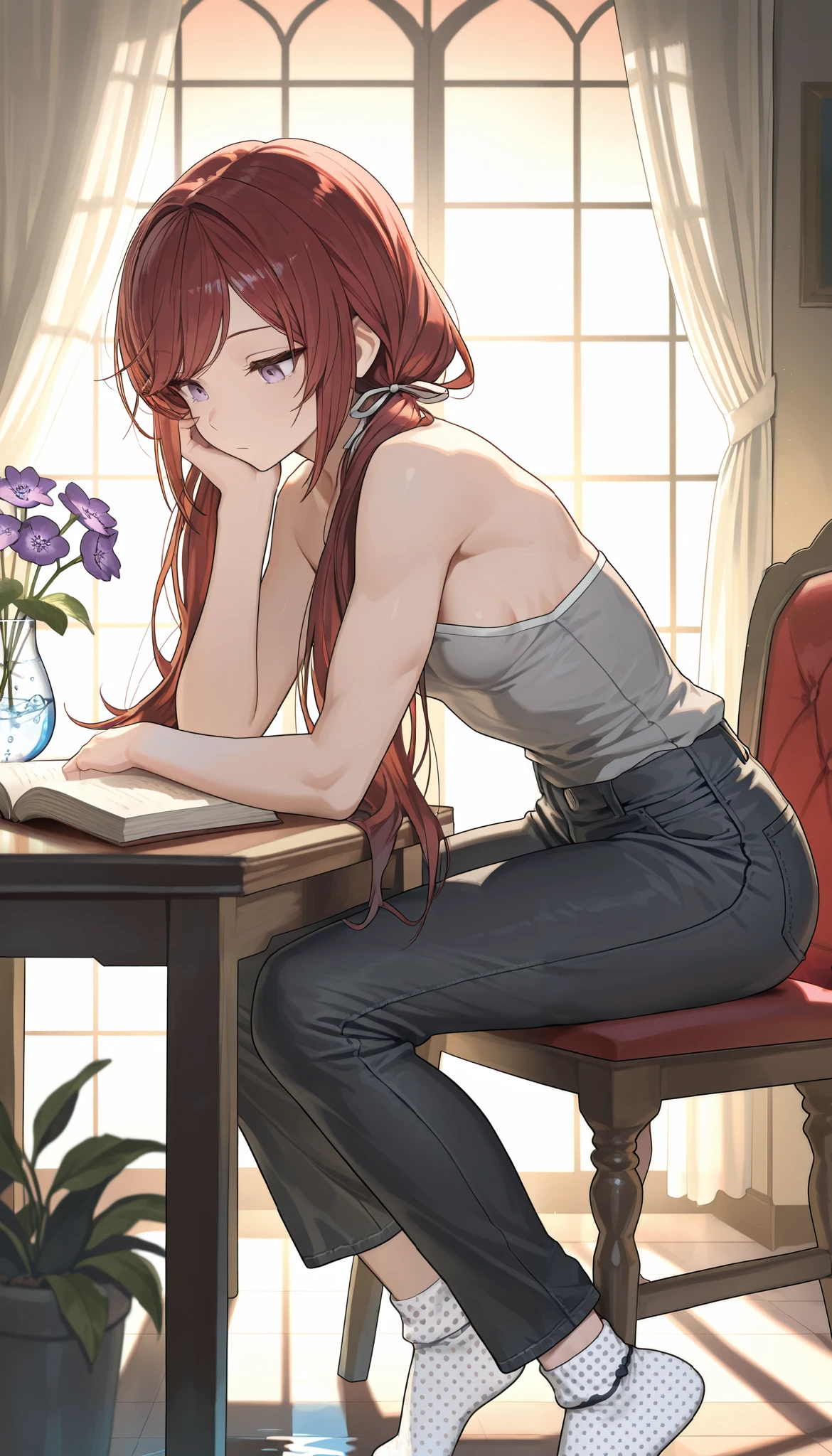 Anime girl sitting at a table with a book and a vase of flowers - SeaArt AI