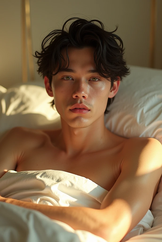 realistic photo, homme caucasien de 20 ans, Kale, yeux verts, cheveux noir courts, detailed face and body, lying on a sofa, Drawn abdominals, natural lighting, high resolution, photorealistic, (best quality,8k,high resolution,head of&#39;artwork:1.2),ultra-detailed,(realistic,photorealistic,photo-realistic:1.37)