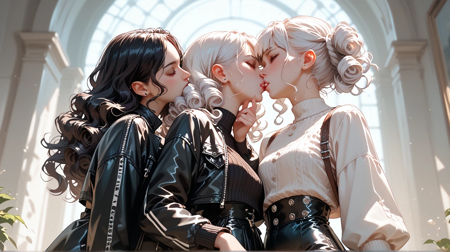 draw a girl with shaved pink buzzcut hair, with two crosses on his face, um piercing no nariz, and a blue moon necklace, and witch uniform, kissing a girl, with short white pixie hair, clear eyes, with witch uniform