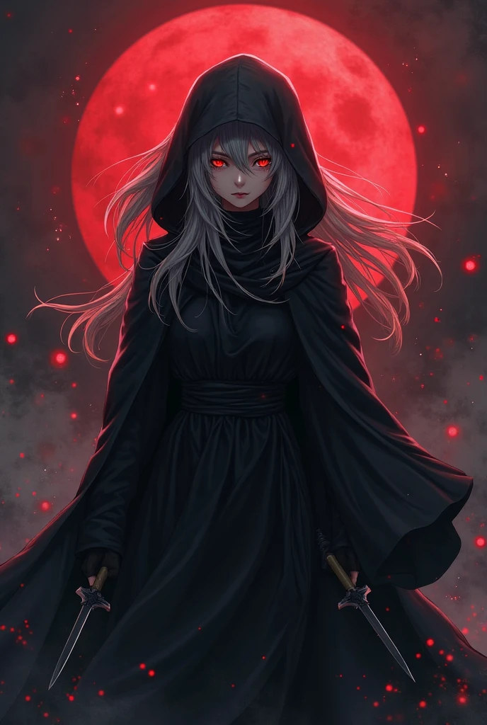 (masterpiece:1.4), (intricate:1.2), (detailed:1.2), (vibrant colors:1.2), BREAK,
(fantasy:1.2), (cowboy shot:1.0), BREAK,
(dark priestess:1.2), (solo:1.2), (black robe:1.2), (serious face:1.0), (hood:1.2), (long white hair:1.1), (twin braids:1.0), (red eyes:1.0), <lora:RuinsAndLight:0.6>, BREAK,
(crows everywhere:1.2)