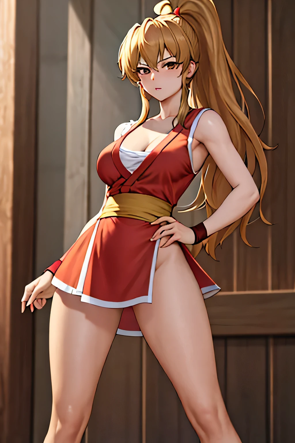 masterpiece, best quality, beautiful art, high resolution, well formed hands, body and fingers, 1 woman, solo, Xiangling , grown up, adult, cosplaying as Maki Genryusai , adult, big breasted, cleavage full body, long hair, hair ribbon, gorgeous legs and, thighs, sexy and skimpy red kimono, pelvic curtain, underwear peek, sexy Japanese clothes, hair ornament, elbow gloves, dancing seductively and erotically, turning backwards and forwards, showing her back and front, showing her butt, t back, bikini thong, smiling joyfully, sweating ,looking at the viewer, flirting, biting her lips, beach environment