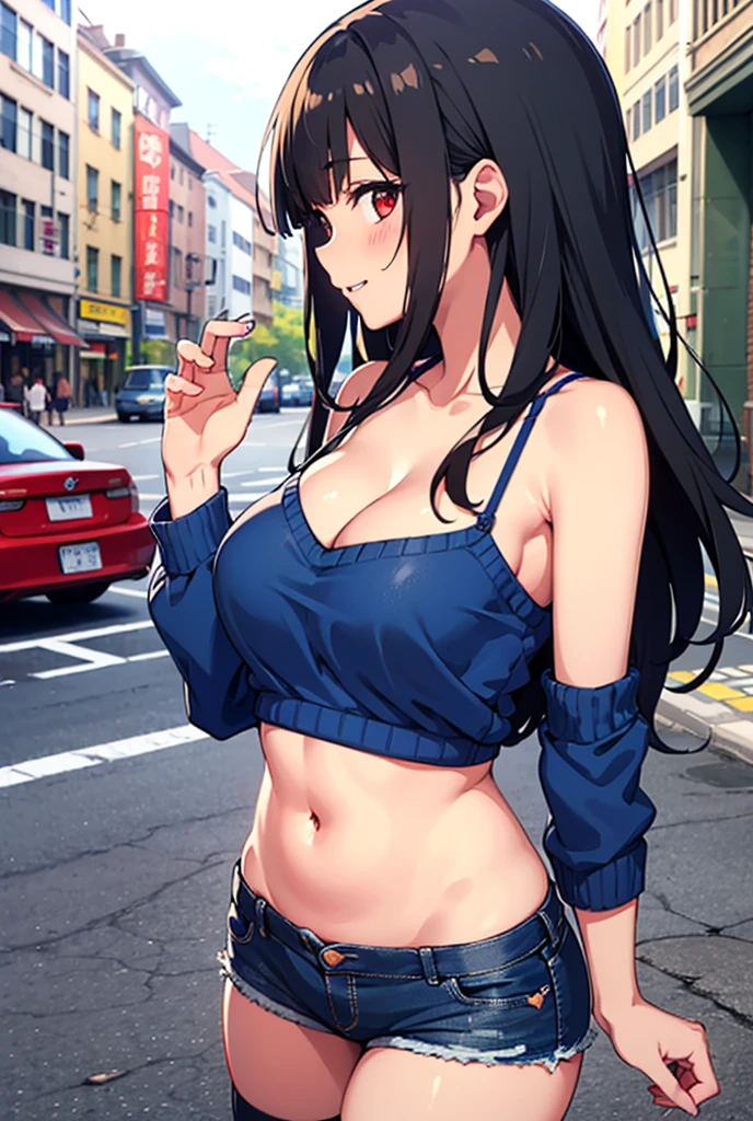 long hair, saori_ohtori, black hair, , red eyes, smile, hair between eyes, medium breasts,, outdoors, rooftop, cityscape, building, railing, night, night sky, scenery,
moon, city lights, blush, lipstick, masterpiece,high quality,4k, bare shoulder,belly,crop top,outdoor,cleavage,jeans,casual
dress,street,road,smile, open mouth, (nsfw) not safe for work, holding a gun,handgun, evil expression,
exposed belly, exposed navel, exposed midriff, exposed lower belly, crop top overhang, underboob,
unbuttoned jeans , low rise black jeans, Low rise jeans, Low rise jeans with open fly, navel piercing