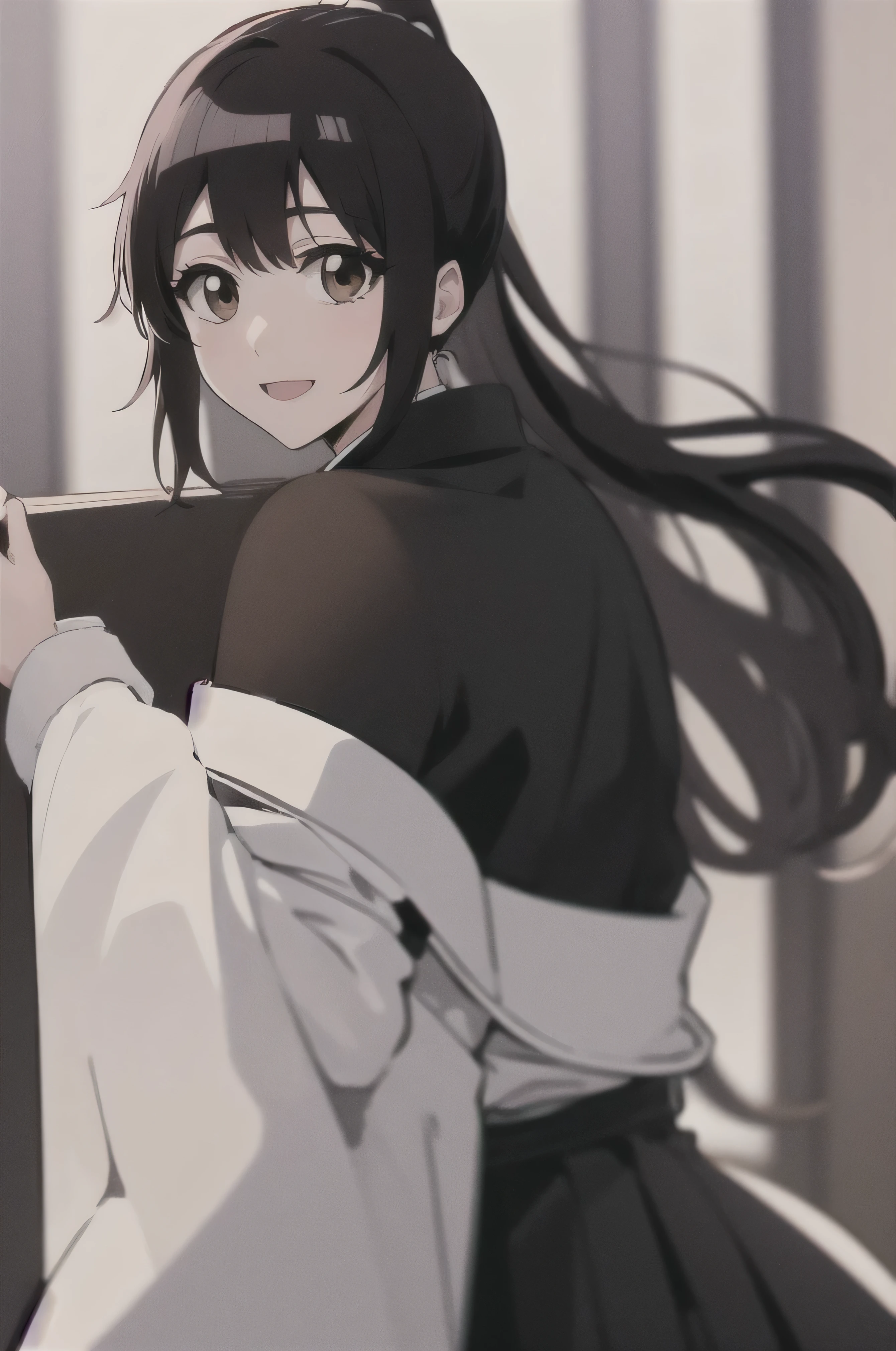 masterpiece, Top Quality ,
1 girl from the side , romantic love , black hair, single , ponytail, Vancouver, brown eyes,
Hair bangs,
kimono, white sleeveless coat ,Captain's coat without white sleeves, black kimono ,
smile, alone, I'm looking for , simple background , white black
