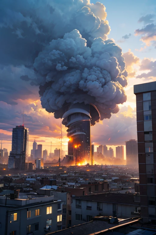 The end of the world,Black clouds crush the city,The building collapsed,fires,There are a few small black dots in the sky,