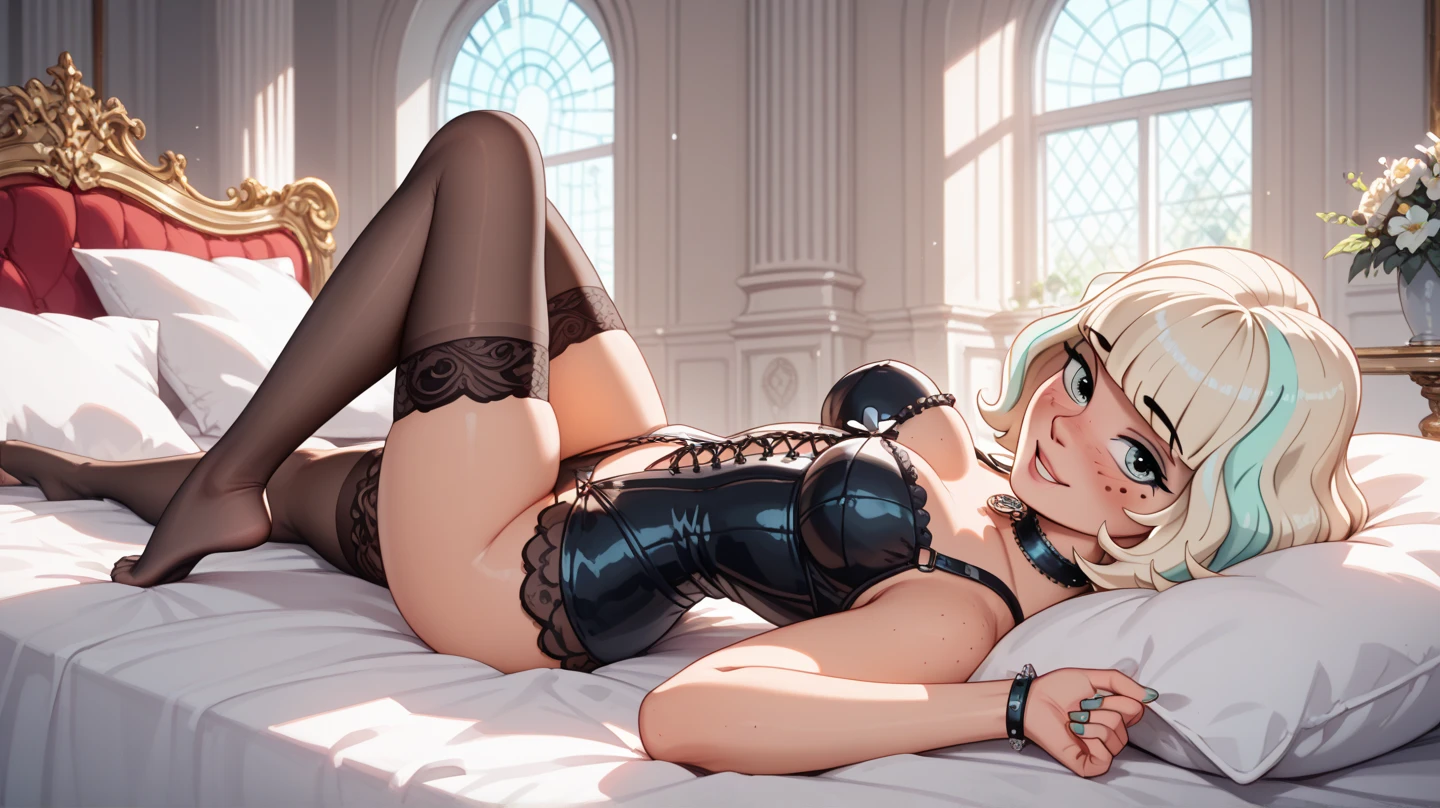 a woman with long blonde hair, elsa likeness, beautiful detailed eyes, beautiful detailed lips, extremely detailed face, sexy black lingerie, seductive pose, high heels, bedroom setting, moody lighting, cinematic composition, dramatic lighting, fantasy, photorealistic, 8k, (best quality,4k,8k,highres,masterpiece:1.2),ultra-detailed,(realistic,photorealistic,photo-realistic:1.37)