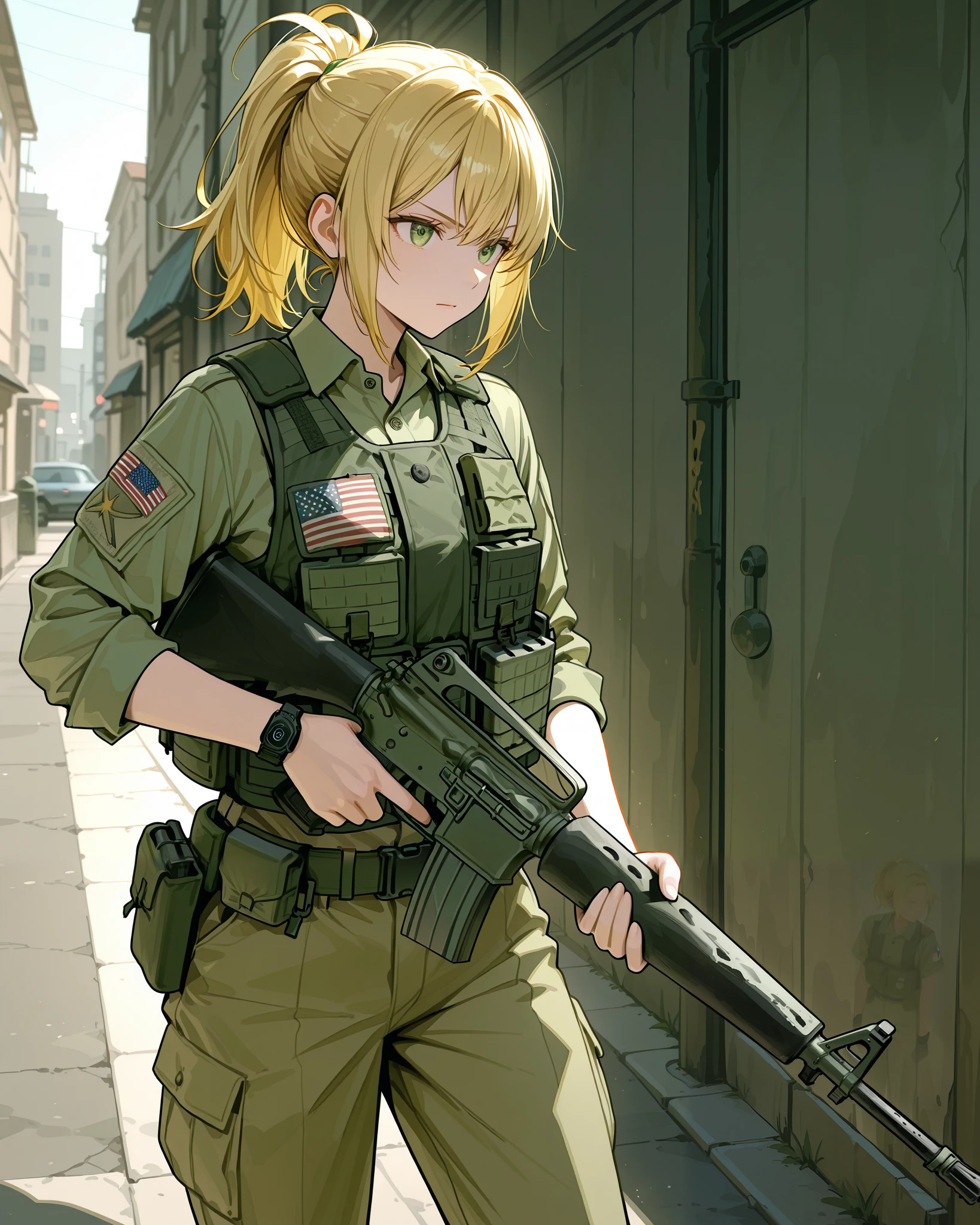 blonde hair in a ponytail, wearing a military-style olive green tactical vest, khaki button-down shirt, olive pants, American flag patch on the shoulder, holding a rifle, standing at an angle with the body facing slightly to the side, outdoor urban environment, street and buildings in the background, bright daylight, shadows cast on the sidewalk, serious and focused atmosphere, medium focal length, well-lit exposure, no motion blur, wearing a black smartwatch and utility belt.