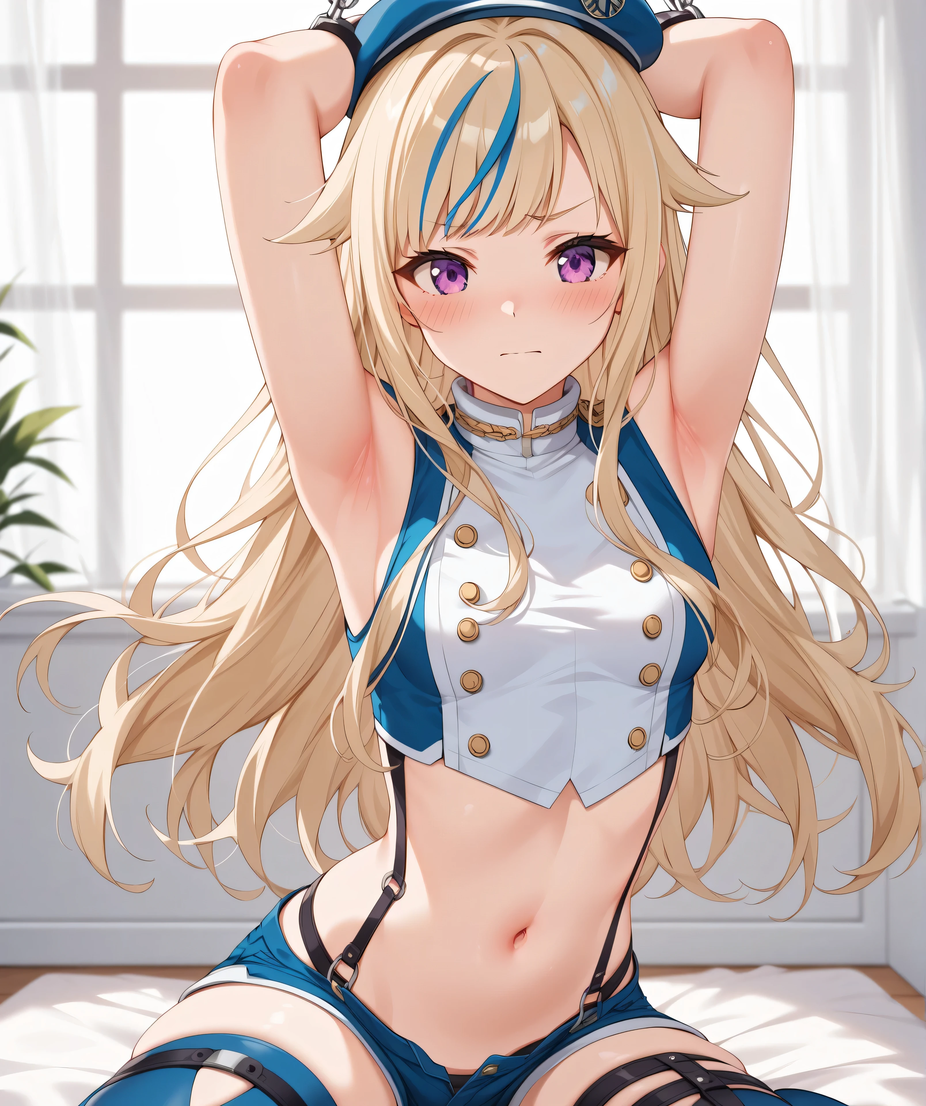 aster piece、Best Quality,Super detailed,High resolution,Extremely detailed CG,Unity 8K Wallpaper,weat,score_9, score_8_up, score_7_up, score_6_up, score_5_up, score_4_up, source_anime ,professional quality,suzuki hina, blonde hair, long hair, streaked hair, hair flaps, purple eyes, small breasts, beret, blue thighhighs, blue crop top, fingerless gloves, midriff, single thighhigh, sleeveless, suspender shorts, thigh straps, boots,nsfw,embarrassed,spread legs,armpit focus,rms up,bdsm,restrained,shackles,from above,thick thighs,wide hips,younger female,kneeling,skinny,close to viewer