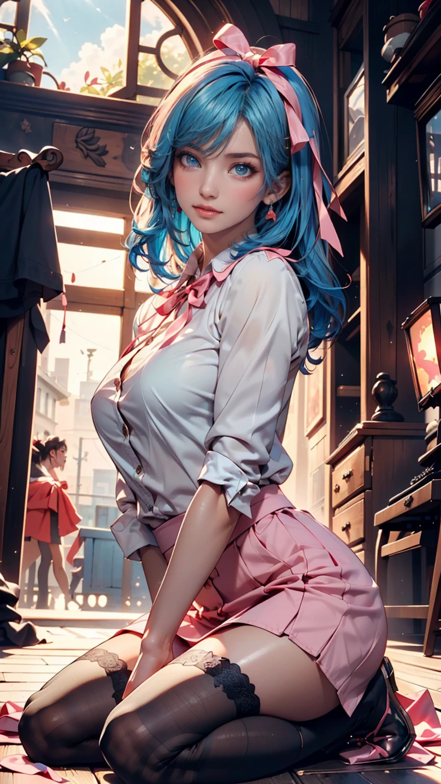masterpiece, best quality, absurdres, illustration, 8k, perfect shadows,perfect lighting,hdr, ambient lighting,realistic, ultra-realistic, cowboy shot, Photo realistic,(hyperrealistic:1)textured skin,shiny skin,skindentation, beautiful body, (blush:1.2) kaede hozuki, 1girl, blue hair, gyaru, hair between eyes, hair ornament, hair scrunchie, large breasts, multicolored hair, pink eyes, pink hair, side ponytail, sidelocks, two-tone hair, yellow scrunchie (wearing black skirt, cleavage, collarbone, dress shirt, pleated skirt, shirt, polka dot red shirt tucked in, skirt, thigh gap, polka dot red shirt,) ( large breasts,hourglass body, thin waist,very slim waist)extremely detailed face,detailed eye makeup, detail face, nice detailed eyes,nice hands, perfect hands, (realistic pupils,realistic defined body features,toned midriff,skinny waist,thin waist,(abs:0.8),squatting,squat,stretched( spread legs:1.2), arm support, cameltoe, eyes open, eyes closed, printed shirt