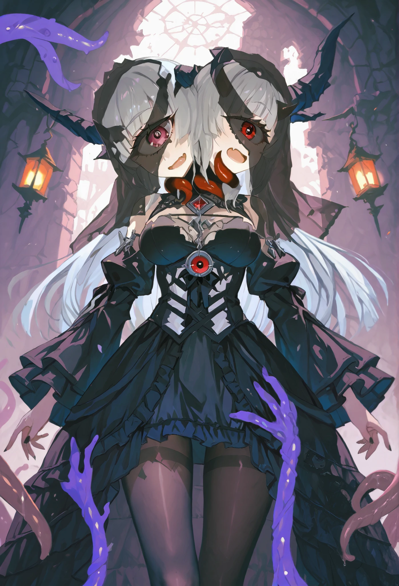 Two-headed woman. ((Twin heads)) ((Cyclops Eye)) Silver hair. Long hair. Gothic dress. Black and white dress. Fang motif dress. Horns on her head. Mono-eye. Breasts perky. Transparent tights chest. Veil. Tentacles from behind. Tentacles with mouths. Lantern. A broken castle. Ruins.