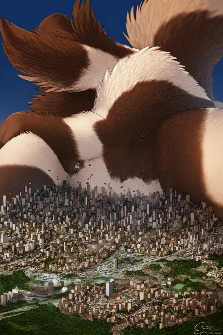 ((quality)), ((masterpiece)), (detailed), perfect face, anthro black wolf, female, black fur, neck fluff, black belly, detailed yellow wolf eyes, fully naked, 4 toes, 4 fingers, massive tail, black claws, digitigrade legs, massive feminine body , Huge breasts, colossal macro height, macro, enormous body size, looking at viewer, detailed fur textures, black paw pads, elongated on all of the city, micro sized city, pussy,huge nipple, puffy nipple