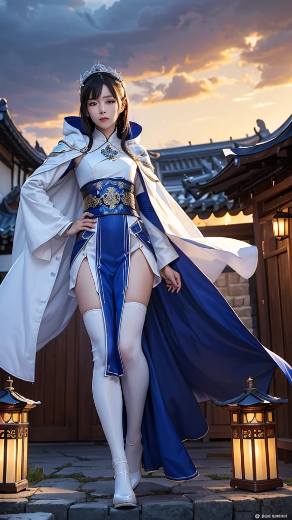 South korea ninja women mystery hooded on with modern royal Blue coat with long and wide sleeves with buttons and royal Blue cape and very high white heel over the knee and white gloves, As she reveals a small secret hidden blade coming from his palm , adding to the character's mysterious and agile appearance, with small movements of air on the cape, she climbs a wall of a tall house, in summer at night under the rain,medieval south korea house. sophisticated and highly detailed, ultra hd, realistic, hyper detailed, enhanced colours, ultra sharp focus, with vibrant, rich in details High quality, gorgeous, captivating, 8k, super detailed, stunning shadows, detailed lines, ready to make a murder