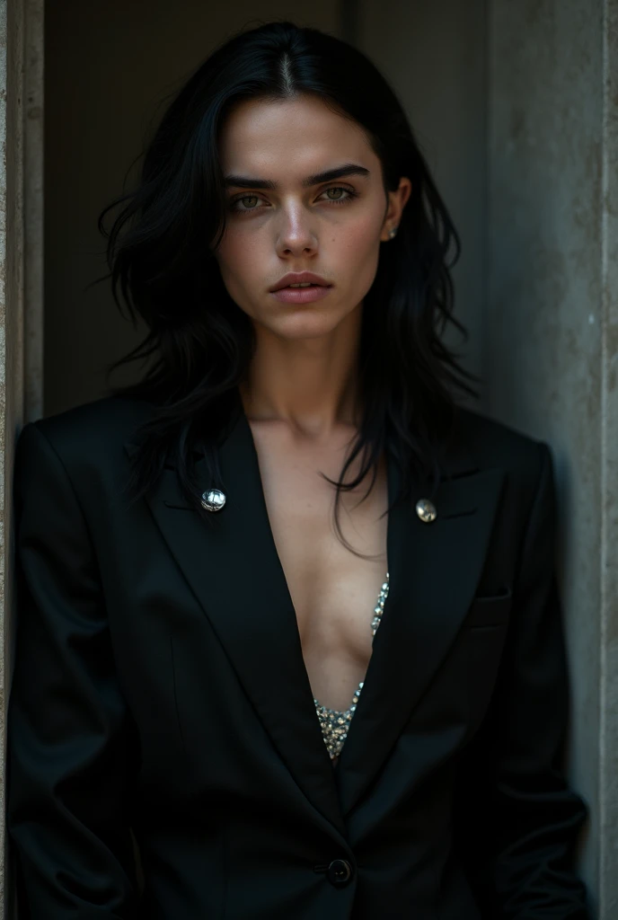Create a very realistic and beautiful model with the following detailed features: Gender: Female, Age: Young adult (approximately 20-25 years old), Hair: Long, wavy and reddish with a natural shine, gently cascading around the shoulders and back back. . . . . . . . . . . . . , Eyes: Bright green with a captivating, slightly almond-shaped look, detailed with natural highlights, Skin: Fair complexion with a light texture, including natural freckles on the nose and cheeks, giving a youthful and vibrant appearance: Fair complexion with a light texture, including natural freckles on the nose and cheeks, giving a youthful and lively appearance, Face: with a smooth and natural contour, soft, full lips with a slight pinkish tint and a slightly delicate upturned nose, Expression : a gentle face, with a touch of mischief, which conveys warmth and approachability, Clothing: in a black suit and black sunglasses standing in an accentor, wearing a black suit, a black suit, a black outfit, a black suit and glasses, a black restrained suit, a black silky outfit, fashionable black clothes, a Girl in a suit, wears black clothes, Girl in a suit, Smooth black tight-fitting suit, wears an elegant outfit, haute couture chic, All black , Background: the model is in an accesor, start in accensor, accensor, accensor Pose: relaxed and confident posture, start on an open roof, end of sunny day, sea view in the background. aesthetic, Unsplash, Neoclassicism, Complex background, Best quality, hyper detailed, Gratty Sita, 64K, Light design
