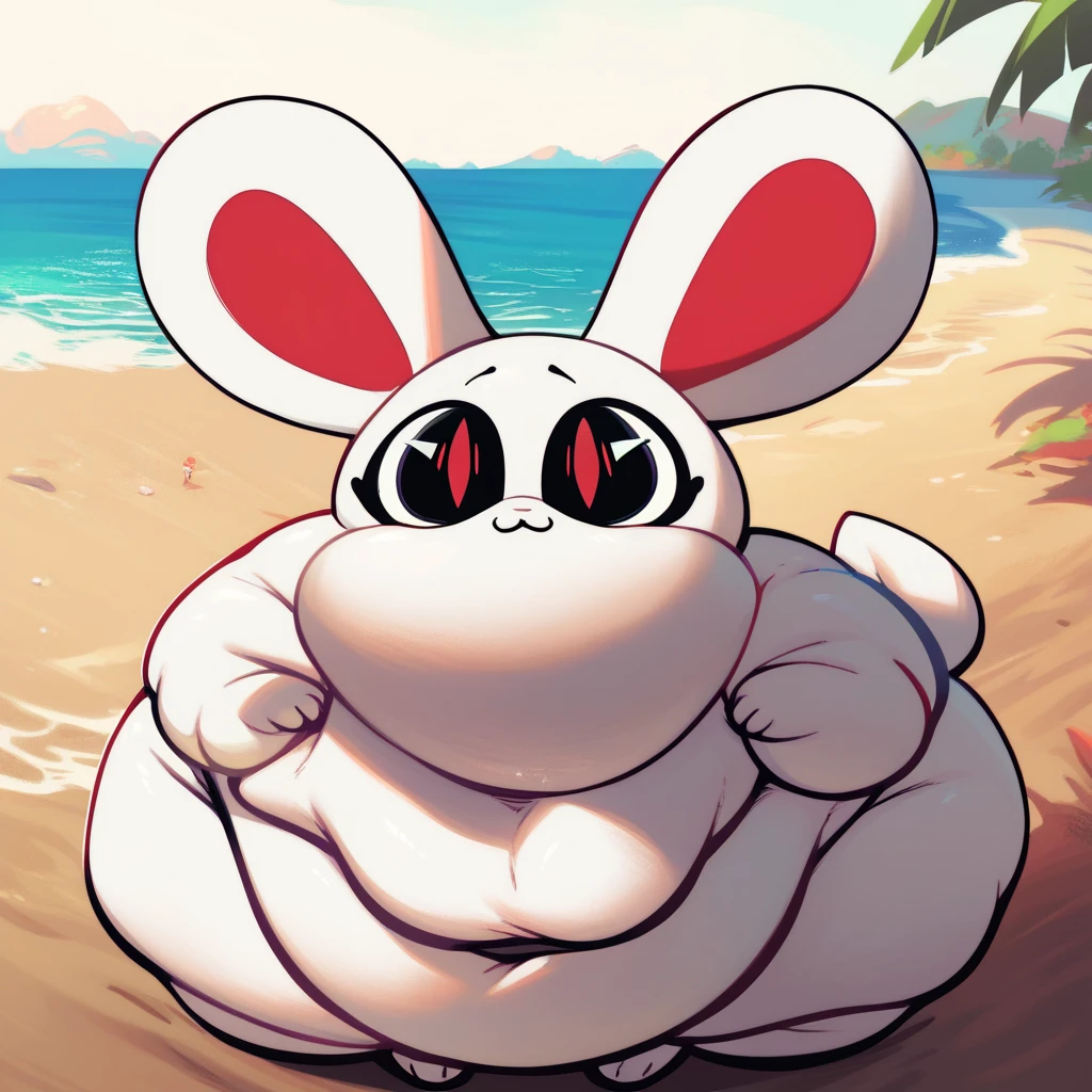Mymelody, masterpiece, best quality, 8k, whiteface, :3, looking back at the audience, white body, blue sky and white clouds , seaside, beach, woods, posing, naked, shy smile expression, blushing, artstation trend, cute animation style, art by chibi style, art by sqoon and dagasi, hearts, (((small body, short height, blush,penis, anus, ass focus, on top of human cock, straddling, cum inside)))