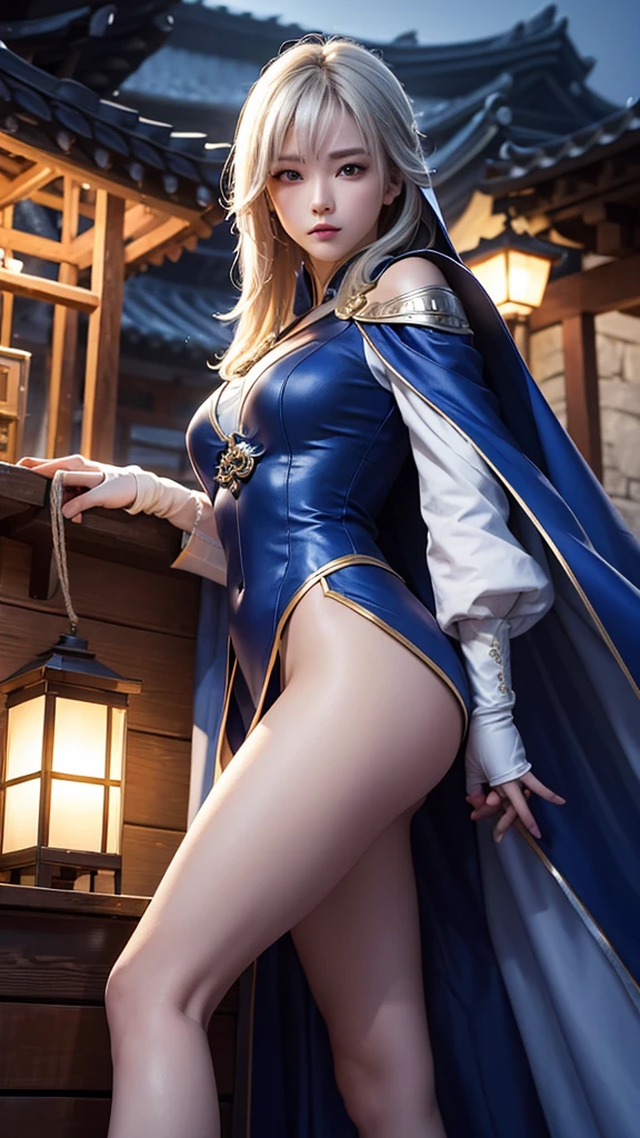 South korea assassin women mystery hooded on with modern royal Blue coat with long and wide sleeves with buttons and royal Blue cape and very high white heel over the knee and white gloves, As she reveals a small secret hidden blade coming from his palm , adding to the character's mysterious and agile appearance, with small movements of air on the cape, jump from roof to roof, in summer at night under the rain,medieval south korea house. sophisticated and highly detailed, ultra hd, realistic, hyper detailed, enhanced colours, ultra sharp focus, with vibrant, rich in details High quality, gorgeous, captivating, 8k, super detailed, stunning shadows, detailed lines, ready to make a murder