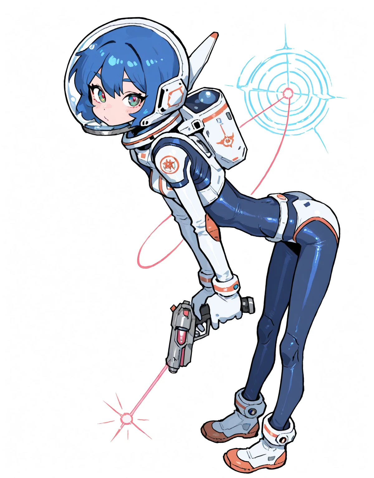 space adventurer girl, sexy, space adventurer, tight spacesuit, astronaut helmet, sexy, cute, blue hair, skinny, full body illustration, concept art, white background, futuristic laser spiral pistol, martian girl, back, leaning forward, 