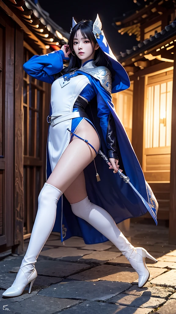 (photos realistic:1.4), (NSFW,masutepiece, side lights, Exquisite beautiful eyes: 1.2), ​masterpiece*portlate, realisitic, Luminous Eyes, Shiny hair, Shiny skin, ((White hair,long side bang, navy micro dress,Blue shorts,White knee high boots,NSFW,))Ass,from behind,Drooling,