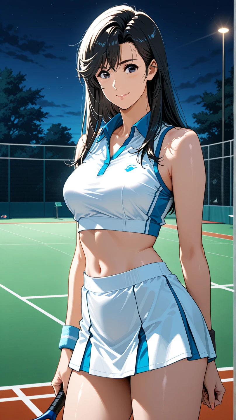 Woman, Athletic and toned body, light skin tone, long black hair tied in a ponytail, green eyes with a penetrating and seductive look, breasts big, exciting look, a black bra, a short green skirt, she is on a volleyball court, sultry posing