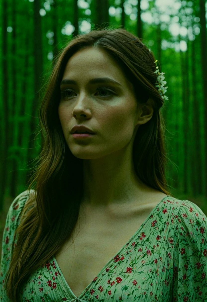 best quality, highres, 8k, masterpiece, photography, Mandy Moore is a folk music princess as she poses with a guitar in a vintage floral dress in an enchanted forest, 40 years old, a girl, long hair, (real skin texture: 1.3), (slender figure: 1.1), bright and shiny lips, (Immersive Ambience, Chiaroscuro: 1.5, Dim Light: 1.2, Glow Lighting), (Bokeh: 1.5), Blurred, delicate facial features, tiara, vintage floral dress, stockings, high contrast, (Fuji colors: 1.5), film grain