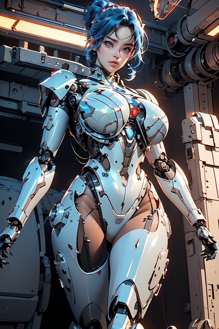 (Muscular:1.8), (thick thighs:1), (large round breasts:1), (large muscular chest and shoulders:1.4), FEMALE, brown hair, long brown hair, (big smile:0), (tight mecha arm, tall cute silver cyborg:1.5), looking at viewer, (three quarter view:1.3), upper body view, (lab:1.5), dark lighting, detailed skin, detailed eyes, (dark skin:1.), (very thin waist:1.6), (huge round muscles:1.5), (one protagonist:1.5), (tall:1.6),