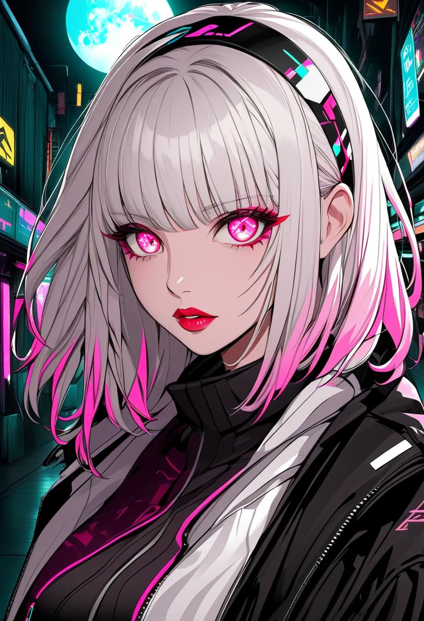 1girl,  hair scrunchie, hime cut, silver hair, colored tips, full moon, grey eyes, jacket, long sleeves, looking at viewer, medium hair, multicolored hair, parted bangs, parted lips, pink hair, portrait, red eyeliner, red lips, solo, white jacket, cyberpunk,rainy night in a cyberpunk city with glowing neon lights,Looming,Gtscity,goth,Berserker,large boobs,showing off ,GtsGiga,neon light headphones