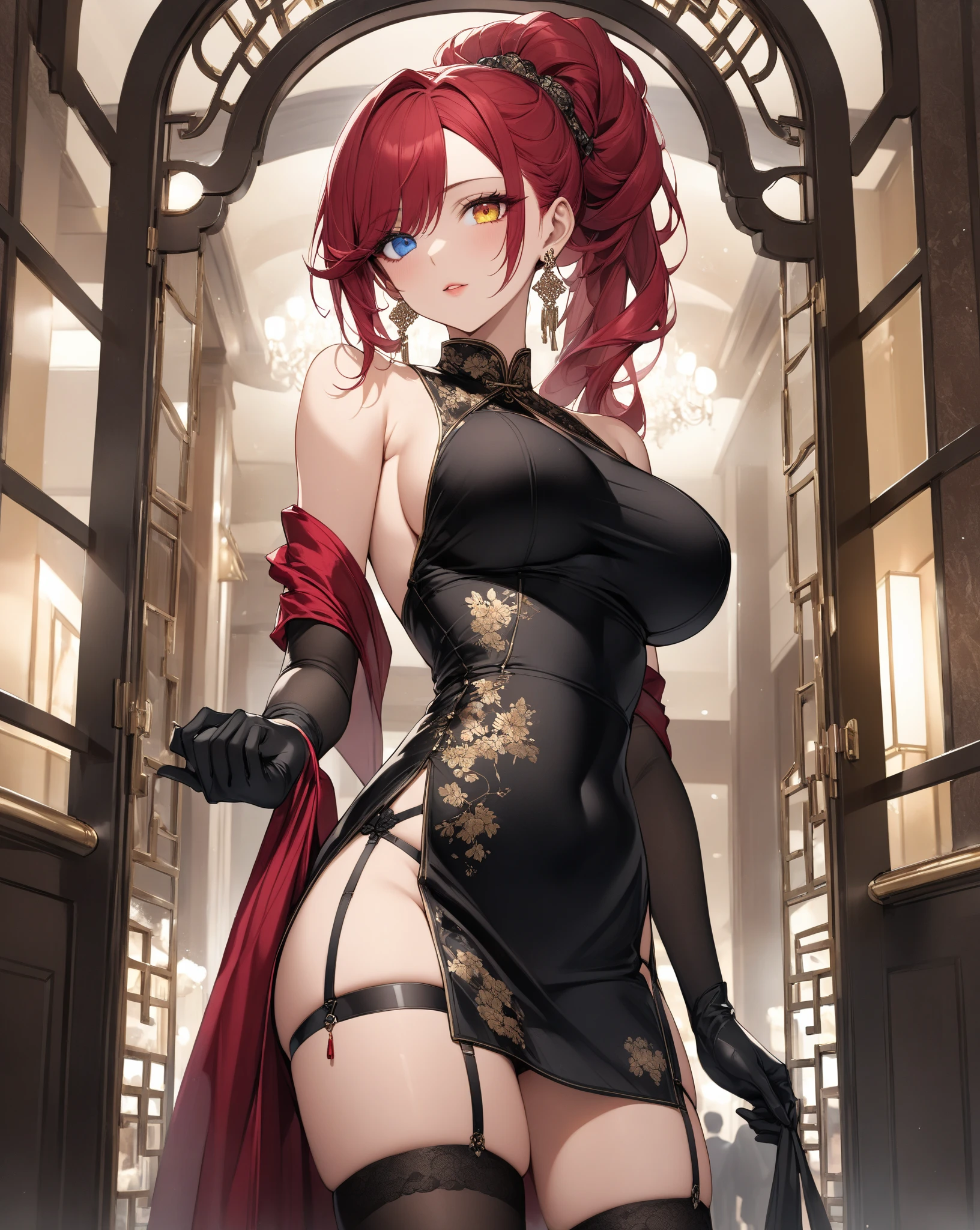 Young expression, NSFW, pink cheongsam, big, cat ears, closed eyes, red hair, long hair