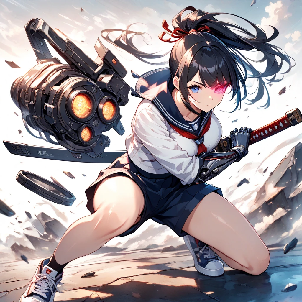 masterpiece、highest quality、Ultra-high resolution、Maximum resolution、Very detailed、Professional Lighting、anime、woman、thin、so beautiful、high school girl、White sailor suit、White knee-high socks、Firing a Gatling gun、Red Eye、Black Hair、long hair、Braided Hair、Fingerless Gloves、Beautiful eyes、Gloss Lip、Tactical Boots、Equipped with transparent orange shooting glasses、Equipped with a  rig、Single Player Battlefield、Aggressive pose