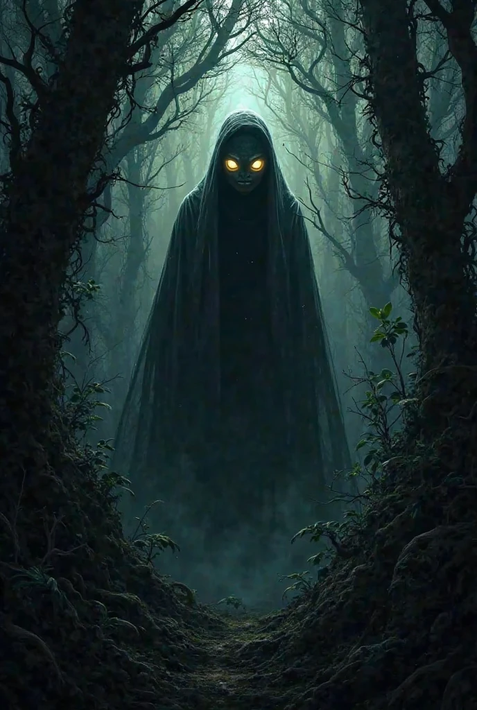 ((best quality)), ((masterpiece)), (detailed), A shapeless shadow with glowing green eyes emerged among the trees, 