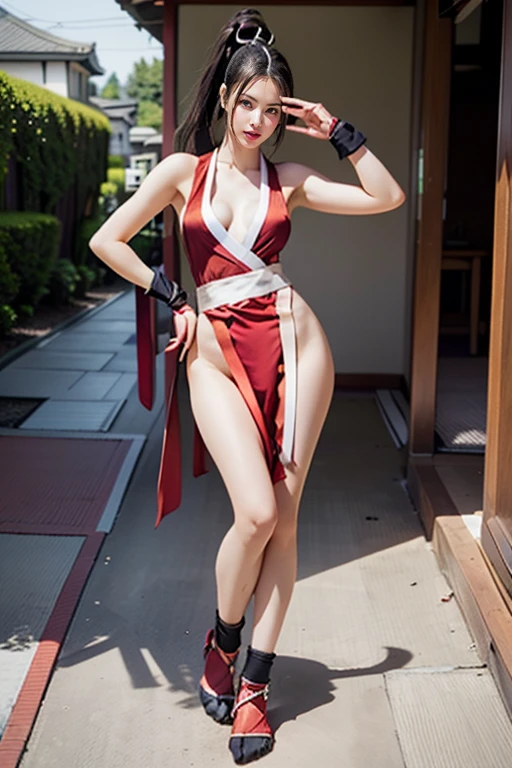 mai shiranui, Brown eyes, Full body portrait, Walking, Toes are visible, Standing, Full body, Prestige, Long hair, Brown hair, White ribbon, Sleeveless, poneyTail, sash, pelvis curtain, arm guards, mitts, (tabi), fascinated expression, Sexy eyes, medium breasts, Smile, Cute, view the viewer, Long hair, Close to Japan temple, (breasts focus:1.2), (Realistic:1.2), (Full Shot: 1.2), (Realism), (masutepiece:1.2), (Best Quality), (ultra-detailliert), (8K, 4K, Convoluted), (85 mm), light Particle, Lighting, (Highly detailed:1.2), (Detailed face:1.2), (gradients), SFV, Colorful, (Detailed eyes:1.2), (Detailed temples of Japan: 1.2),(Detailed background), (Dynamic Angle:1.2), (Dynamic Pose:1.2), (Line of action:1.2), Wide Shot, Daylight, Solo.
