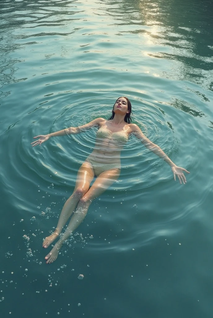 Low angle medium shot of a carefree woman with no clothes on, no panties, full body and legs visible, small breasts floating underwater surrounded by shimmering light rays and bubbles, with a dolphin, she is happy and carefree graceful swimming in the background, in a calm ocean setting, soft natural light filtering through the surface of the water, a dolphin swimming alongside, shot on Olympus Tough TG-6, wide-angle lens, bright colors with a hint of blue. Style of David Dubnitsky, artist Greg Rutkovsky, artist Alphonse Mucha