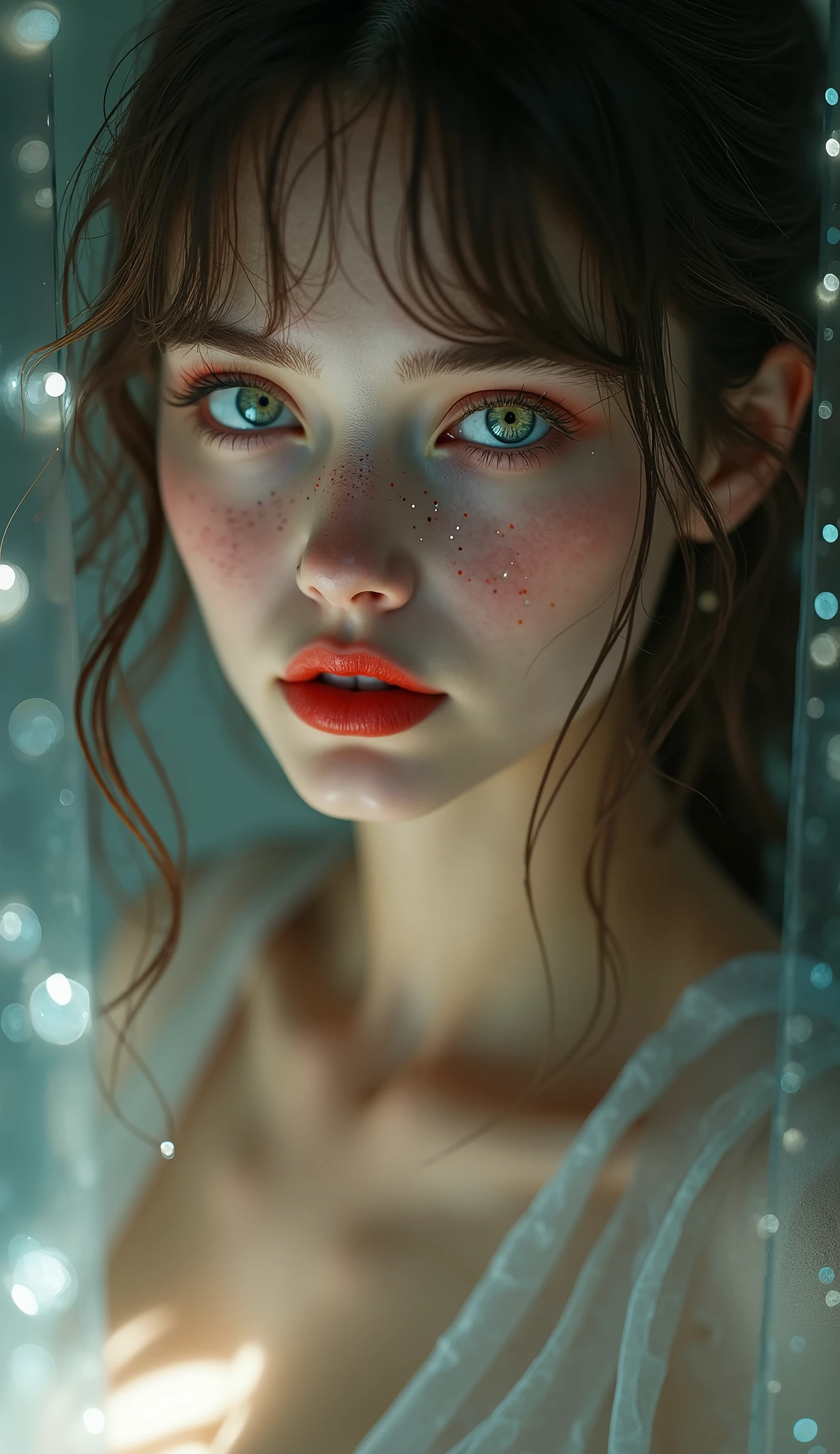 ((RAW Photo), Absurds, (Absurd Resolution)), (Masterpiece, Best Quality), ((Hyperrealism, Photorealistic)), (AI Fantasy), (beautiful girl, beautiful, radiant), freckled, (green eyes), (fantasy girl, sordid creation, from a fantastic world), (red lips), sexy pose, (dressed with magic, only flashes of light covering her perfect body), (posing in a fantastic, futuristic room, designed by AI), ((she looks tenderly attentively at the viewer)). (Photographic Perspective)). «SunPuma S»