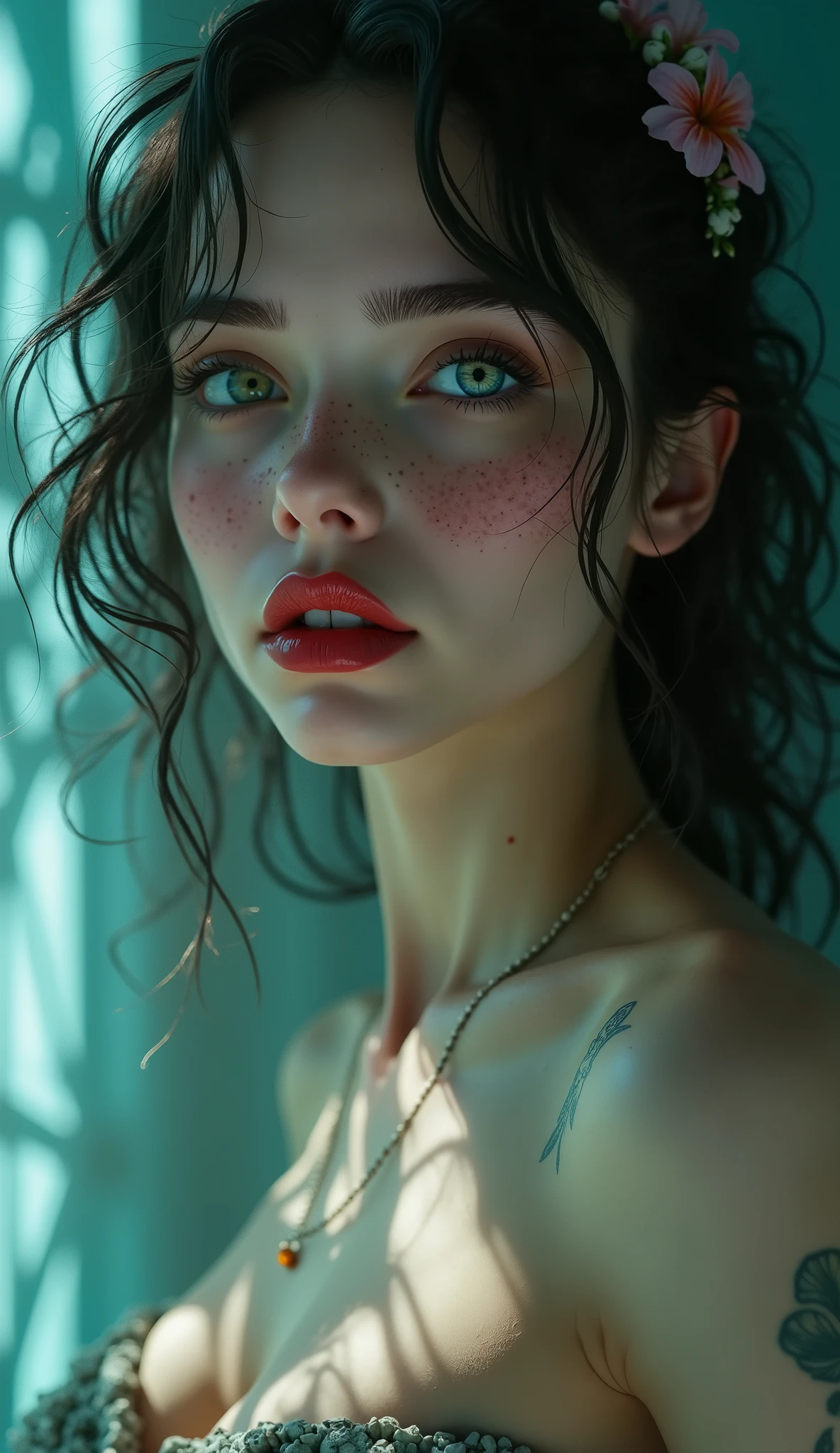 ((RAW Photo), Absurds, (Absurd Resolution)), (Masterpiece, Best Quality), ((Hyperrealism, Photorealistic)), (AI Fantasy), (beautiful girl, beautiful, radiant), freckled, (green eyes), (fantasy girl, sordid creation, from a fantastic world), (red lips), sexy pose, (dressed with magic, only flashes of light covering her perfect body), (posing in a fantastic, futuristic room, designed by AI), ((she looks tenderly attentively at the viewer)). (Photographic Perspective)). «SunPuma S»