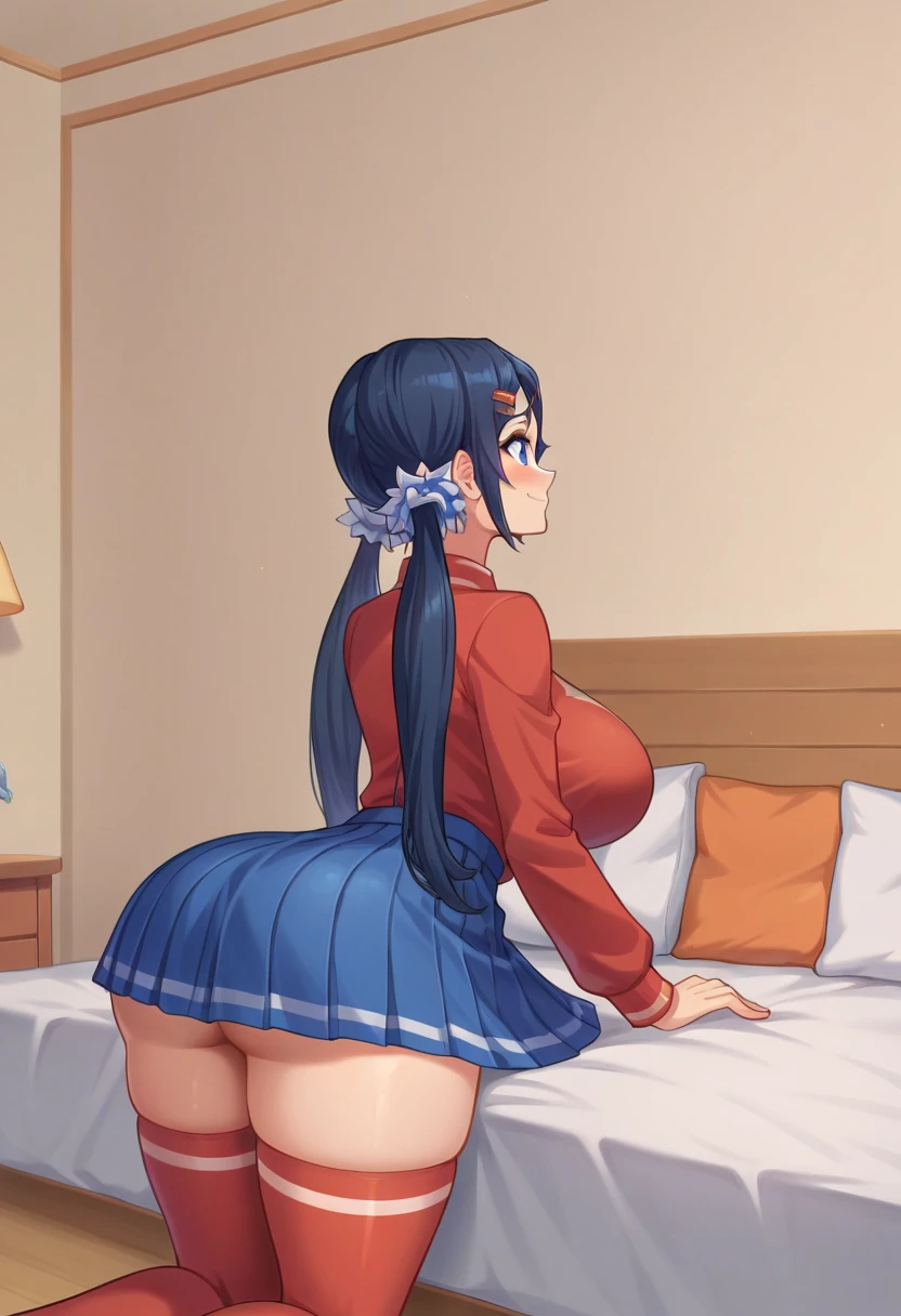 8k ,braids, huge natural breasts, seductive pose, shy embarrassed smile, hashira uniform, sexy hips, sitting on toilet