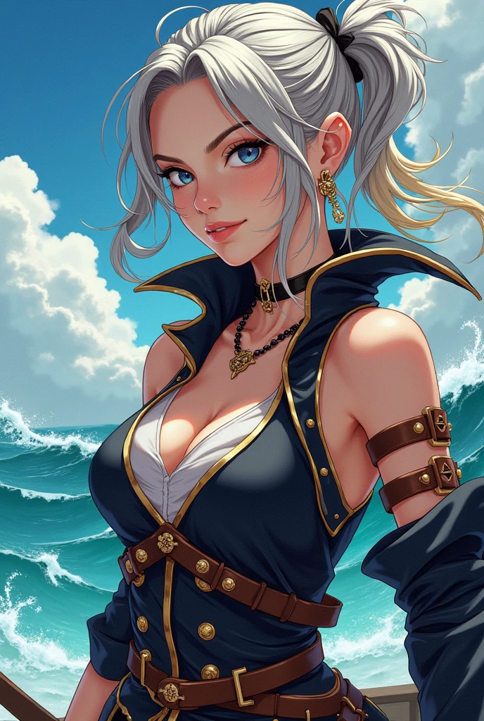 One piece style anime pirate girl with long white hair with black streaks