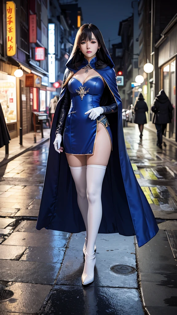 South korea asssassin's creed walk women mystery hooded on with modern royal Blue coat with long and wide sleeves with buttons and royal Blue cape and very high white heel over the knee and white gloves, As she reveals a small secret hidden blade coming from his palm , adding to the characters mysterious, with small movements of air on the cape, in summer at night under the rain, with buildings featuring curved eaves and detailed architecture. sophisticated and highly detailed, ultra hd, realistic, hyper detailed, enhanced colours, ultra sharp focus, with vibrant, rich in details High quality, gorgeous, captivating, 8k, super detailed, stunning shadows, detailed lines, blood stain on coat and gloves, corpses in the street recently murdered