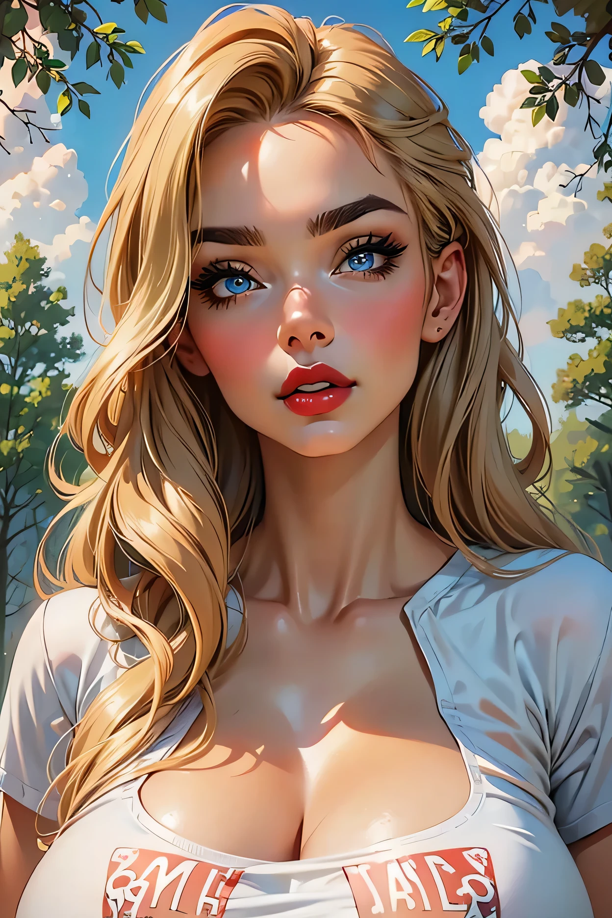 ((perfect face)), blonde hair, very long hair, brown eyebrows, thin eyebrows, blue eyes, black eyeliners, nose, thick lips, red lips, beautiful face, (huge breasts), white t-shirt, looking at viewer, trees, cloud sky