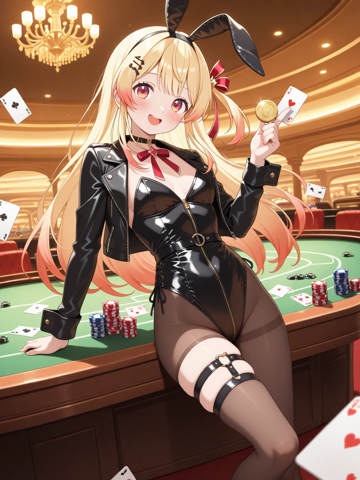 indoor,B1, Hair Bun, smile, sadistic smile, Put your arms behind your head:1.4, belly button, Long Hair:1.4, pantyhose,good,Large Breasts,latex, Raglan sleeves, Pink ribbon, Pink Eyes, Wavy Hair,(Highest quality), Realistic, (live-action, Intricate details), ((Japanese female college student squatting at the casino, Place your arms between your legs)), ((Playboy Bunny, Bunny ears, black Bunny ears, fake Bunny ears, pantyhose, black pantyhose, bow tie, Wrist cuff, Black leotard)), ((:1.4)), (blonde Long Hair:1.3, Short bangs), (neat face, Lips parted), Whiter skin, hard lighting:1.3, Roulette table, Slot Machines, Full Body Shot,From below,sadistic smile,Fishnet stockings,bright Pink Eyes,Glowing Eyes,Open your mouth、Sticking out tongue