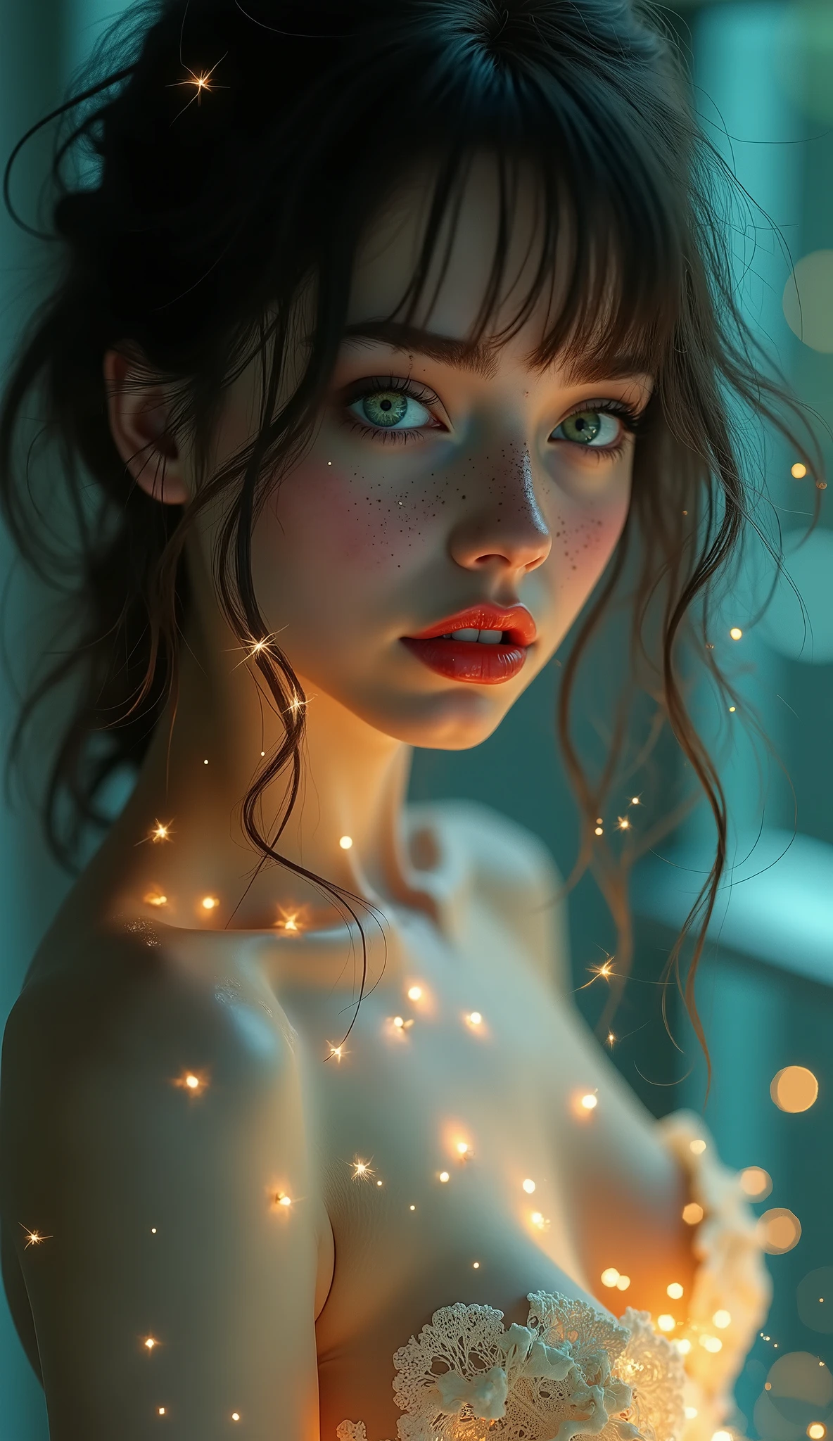 ((RAW Photo), Absurds, (Absurd Resolution)), (Masterpiece, Best Quality), ((Hyperrealism, Photorealistic)), (AI Fantasy), (beautiful girl, beautiful, radiant), freckled, (green eyes), (fantasy girl, sordid creation, from a fantastic world), (red lips), sexy pose, (dressed with magic, only flashes of light covering her perfect body), (posing in a fantastic, futuristic room, designed by AI), ((she looks tenderly attentively at the viewer)). (Photographic Perspective)). «SunPuma S»