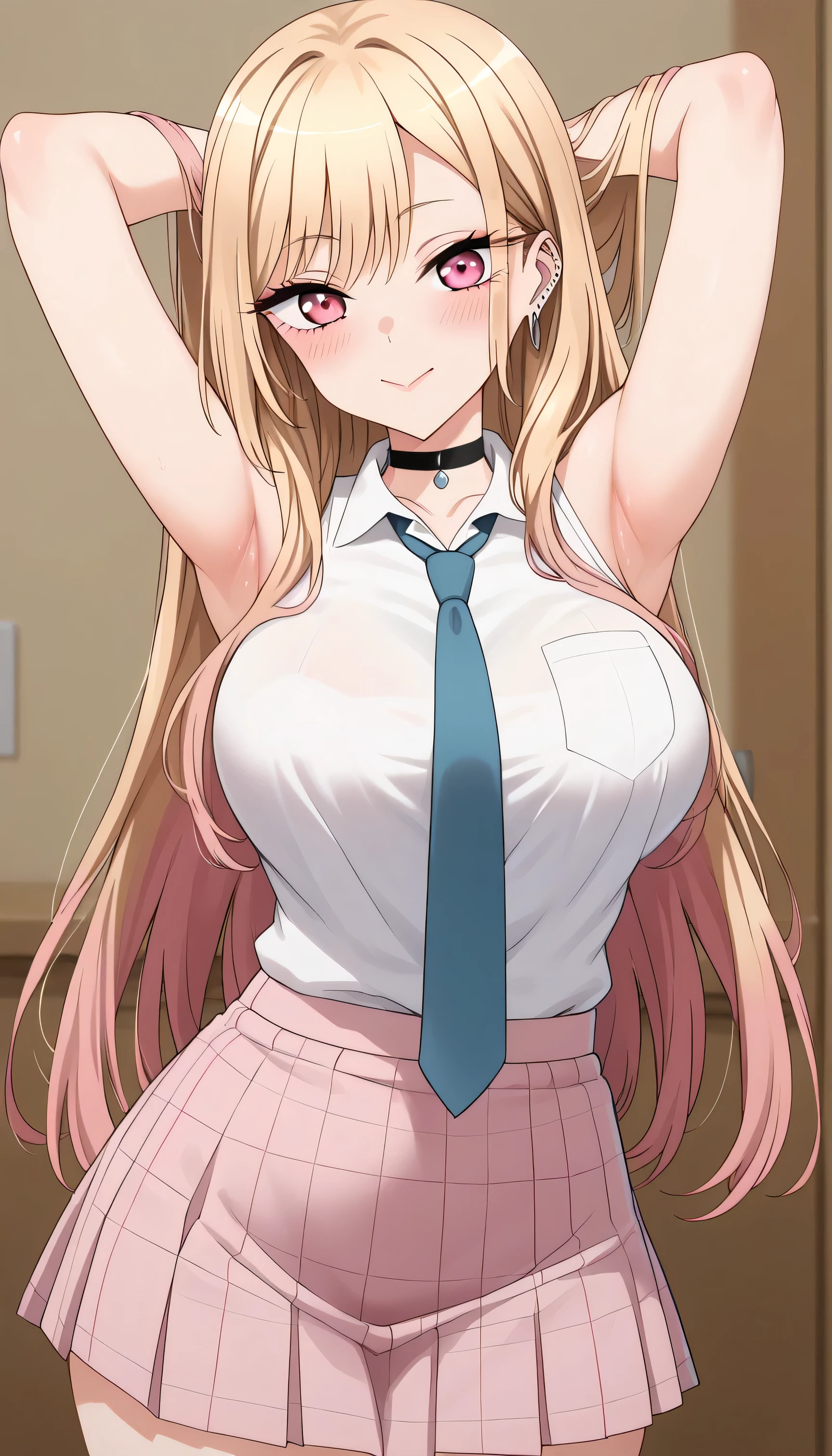 1 Female, High definition,high resolution,Ultra-realistic,8K, KJOmarin, hair ornament, blonde hair, long hair, multicolored hair, pink eyes, choker, earrings, ear piercing, necktie,pink skirt,tight skirt, miniskirt ,sleeveless, jewelry, large breasts, European,sexy,Upper body close-up,Photographed from the front,Dynamic Angles,(blush), (wide hips) ,(arms behind head)