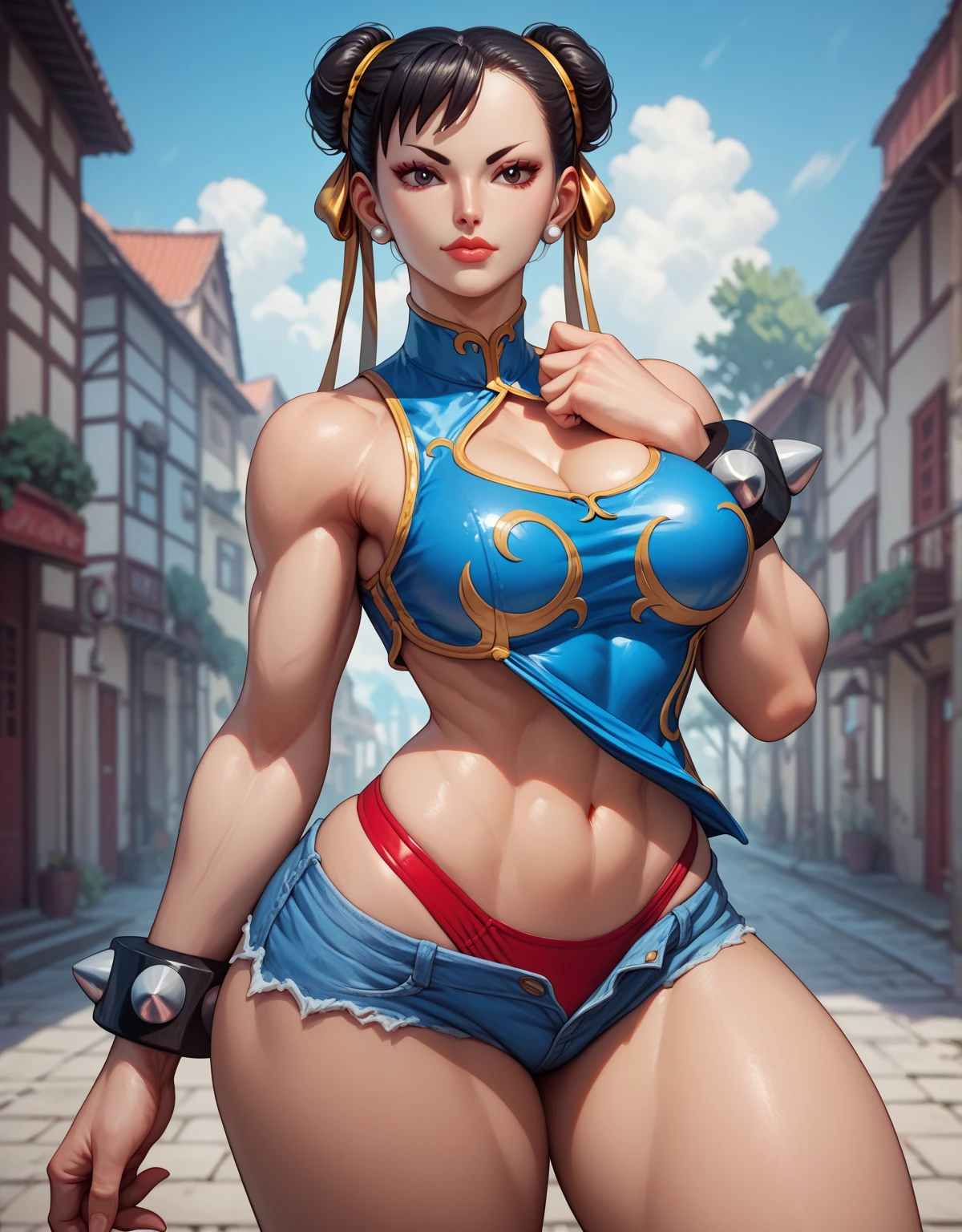 Score_9, Score_8_up, Score_7_up, Score_6_up, Chun Li, chunliSDXL, black hair, short hair, blunt bangs, hair covering one eye, fit toned body, big breasts, wide hips, big ass, thick toned thighs, toned arms, Detailed beautiful and gorgeous blue coloured eyes, Detailed beautiful and lovely face, one piece swimsuit, red buruma, denim shorts,