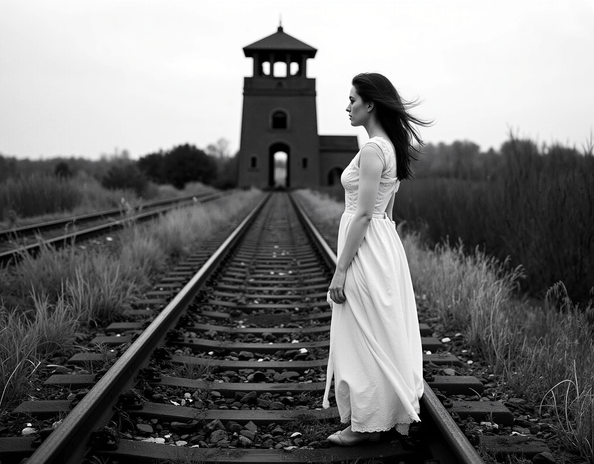 Cinematic photography, eye-level view of an abandoned railway leading towards a historic brick structure with a central watchtower, evoking a haunting and solemn atmosphere. The rusty train tracks, overgrown with dry grass, guide the viewer’s gaze through the desolate landscape, emphasizing depth and perspective. The sky is overcast, casting a muted, cold light over the scene. The entire image is in **black and white (grayscale)**, enhancing the melancholic and timeless tone.
A young woman in a flowing, long white dress stands near the tracks, her presence contrasting starkly with the dark history of the location. Her expression is solemn as she gazes into the distance, her hair gently tousled by the wind. The cinematic framing, combined with a **soft film grain effect and high contrast black-and-white tones**, creates a striking, thought-provoking composition. The image has a **deep depth of field**, making the foreground crisp while subtly blurring the background, reinforcing the immersive and evocative storytelling.