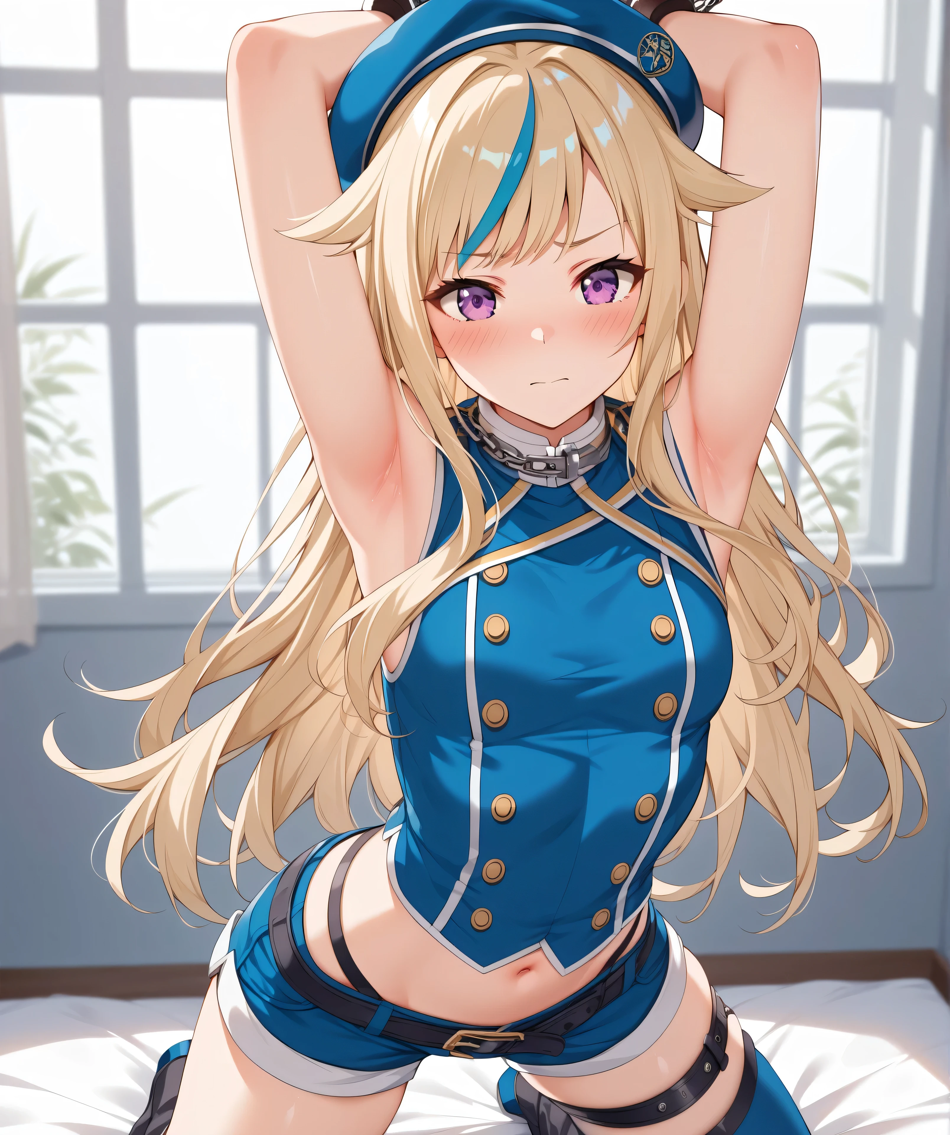 aster piece、Best Quality,Super detailed,High resolution,Extremely detailed CG,Unity 8K Wallpaper,weat,score_9, score_8_up, score_7_up, score_6_up, score_5_up, score_4_up, source_anime ,professional quality,suzuki hina, blonde hair, long hair, streaked hair, hair flaps, purple eyes, small breasts, beret, blue thighhighs, blue crop top, fingerless gloves, midriff, single thighhigh, sleeveless, suspender shorts, thigh straps, boots,nsfw,embarrassed,spread legs,armpit focus,rms up,bdsm,restrained,shackles,from above,thick thighs,wide hips,younger female,kneeling,skinny,close to viewer