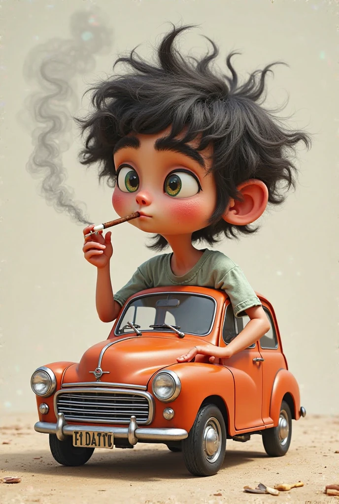 A American boy with a low tap cap with brown eyes a bape t shirt a little smoke that comes out of his mouth and white skin in a car