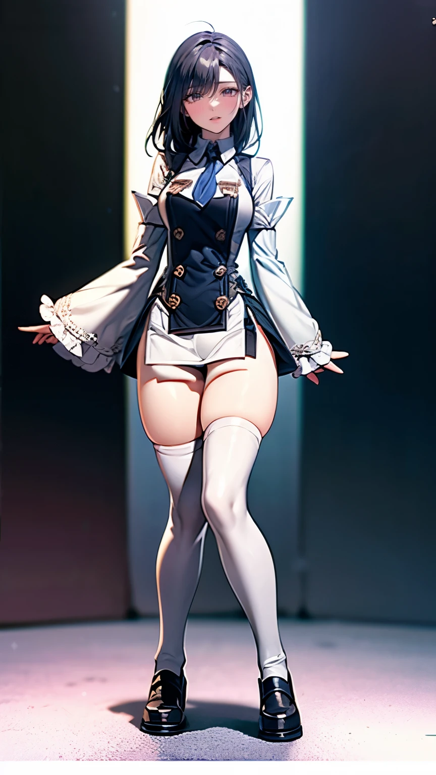 Ultra-realistic 8k CG, beautiful girl, breasts, white hair, blue eyes, puffiness, NSFW, plump body, corset, fleshy thighs, white patterned stockings, high heels, full body, looking at the audience, symmetry