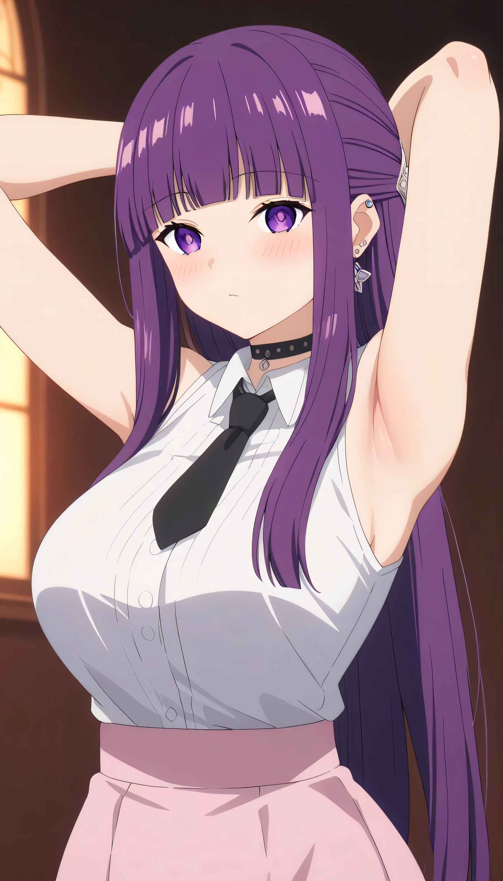 1 Female, High definition,high resolution,Ultra-realistic,8K, Fern, long hair, bangs, purple eyes, purple hair, sidelocks, blunt bangs, bright pupils, half updo, large breasts, anime screencap, choker, earrings, ear piercing, necktie,pink skirt,tight skirt, miniskirt ,sleeveless, jewelry, large breasts, European,sexy,Upper body close-up,Photographed from the front,Dynamic Angles,(blush), (wide hips) ,(arms behind head)