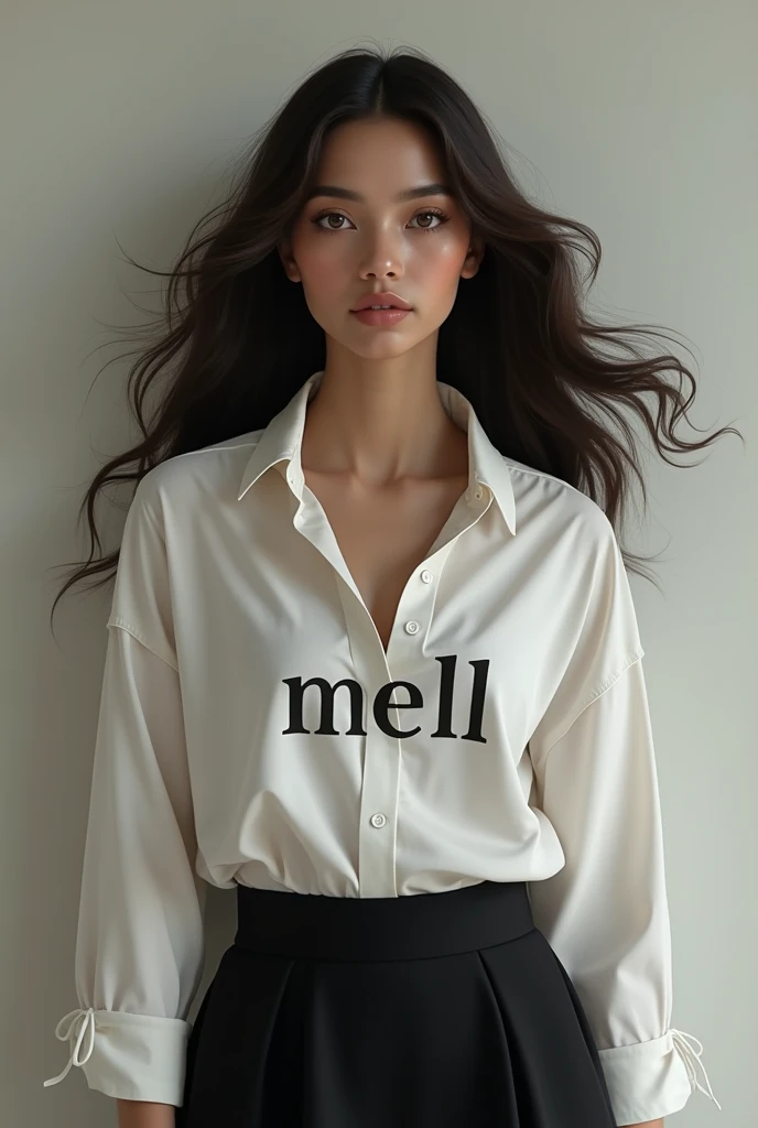 a beautiful woman, wearing a plain black dress and the word MELL on her shirt