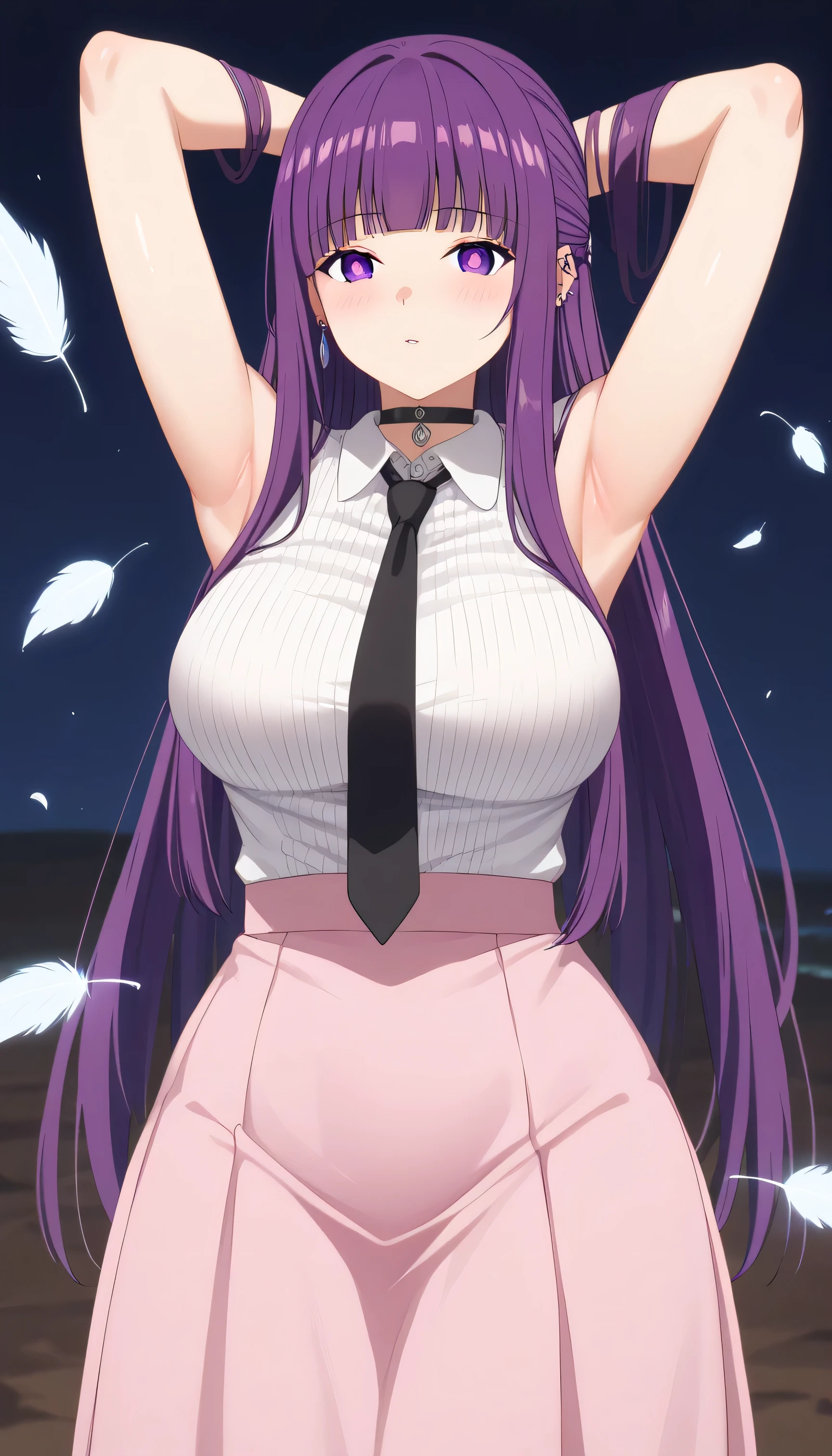 1 Female, High definition,high resolution,Ultra-realistic,8K, Fern, long hair, bangs, purple eyes, purple hair, sidelocks, blunt bangs, bright pupils, half updo, large breasts, choker, earrings, ear piercing, necktie,pink skirt,tight skirt, miniskirt ,sleeveless, jewelry, large breasts, European,sexy,Upper body close-up,Photographed from the front,Dynamic Angles,(blush), (wide hips) ,(arms behind head)