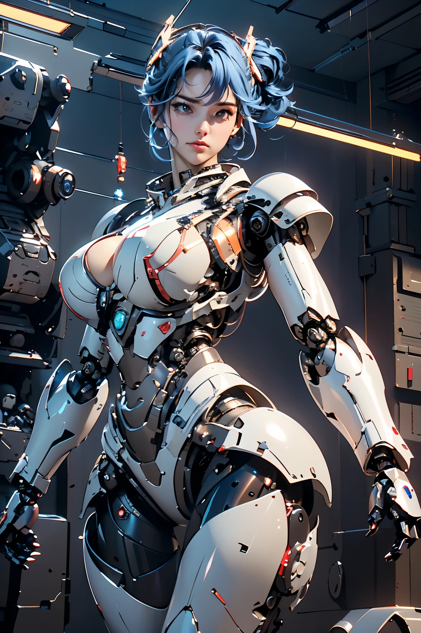 Cute young biomechanical steampunk cyborg woman realistic movie shallow focus scene, Her full-body steampunk details are、Stands in fluid motion in a simple barren place with stunning cloud landscape and sunset、Hydraulic cylinder、meter、pipes、LED lamps、gear wheel、
The cleavage is visible、
(wearing futuristic clothing (tangerine:0.3) Her intricate and detailed anatomically sculpted biomechanical graphite steampunk body, (Biomechanical graphite steampunk cyborg grady sculpted in intricately detailed anatomically goth loli details).Futuristic headset、
(Anatomically sculpted biomechanical graphite steampunk cyborg、More on the elegant and glamorous goth loli、cables, Wires and microchips are、Skillfully on her female cyborg body)
Slender hot fit body with a gorgeous young round face, expressive big round eyes,
Captured with bright natural light and beautiful vibrant colors. Stunning steampunk-style 8K resolution images.
The scene has a strong heroic unconquerable mood, a masterful complete scene of the female full body standing with a happy expression.