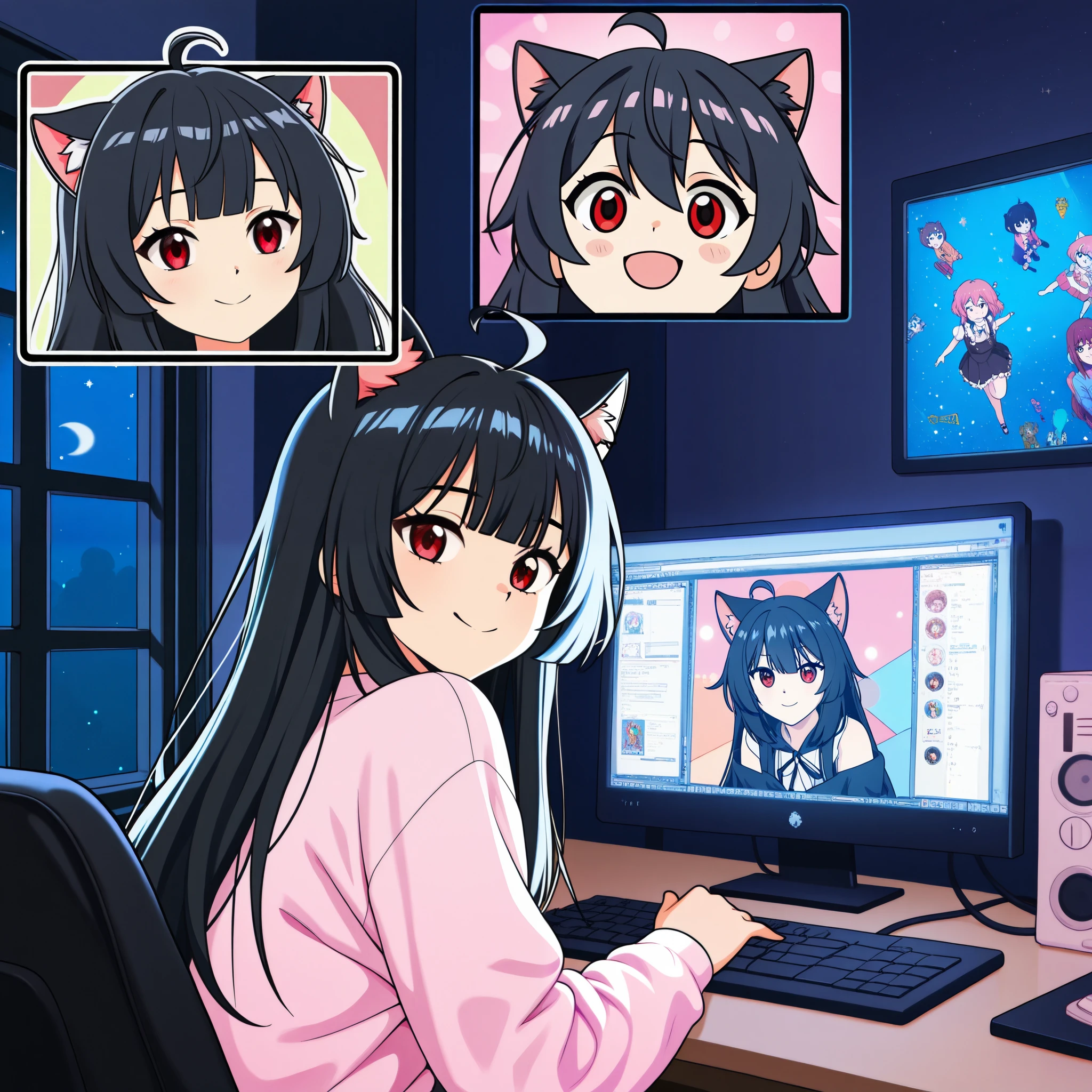 (from behind), Streamer girl sitting in front of the computer in a cozy room, vtuber girl , of 19, , junkotvvxl , red eyes, black hair, cat ears, blows, hair between eyes, long hair, , (Ahoge), straight bangs, bright colors with thick line drawings, (Beautiful night views from the windows), anime Otaku, 2D anime style , The aesthetics of Japanese anime in the 2020s, Lo-fi, style,pop colors , A mix of anime and film styles, Lots of light overflows, 8K, work of art, Colourful room ,The PC light illuminates the face,Sit in front of the PC,charming smile