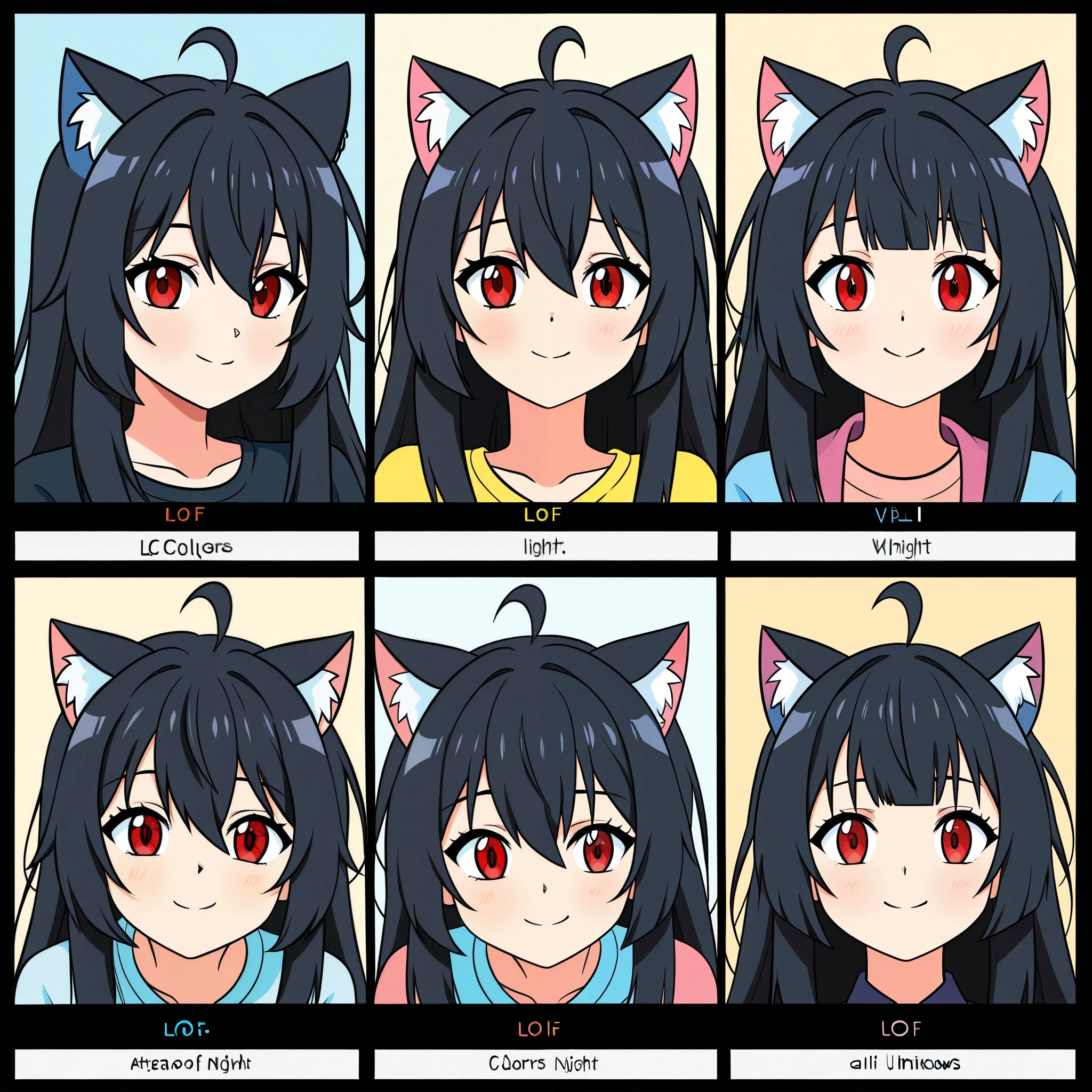 A streamer girl sitting in front of the computer in a cozy room,  vtuber girl , of 19,  , junkotvvxl , red eyes, black hair, cat ears, blows, hair between eyes, long hair, , (Ahoge), straight bangs, bright colors with thick line drawings, (Beautiful night views from the windows),  anime Otaku,  2D anime style  , The aesthetics of Japanese anime in the 2020s,  Lo-fi, style,pop colors , A mix of anime and film styles, Lots of light overflows, 8K, work of art,  Colourful room  ,The PC light illuminates the face,Sit in front of the PC,charming smile
