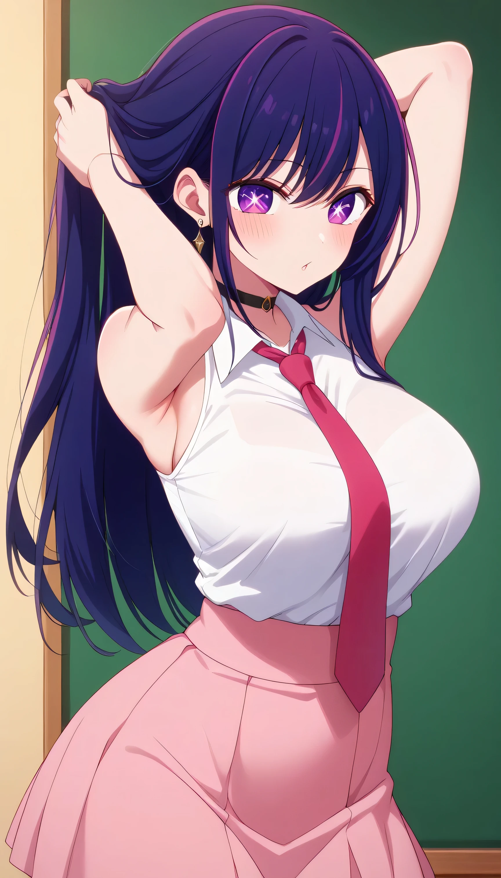 1 Female, High definition,high resolution,Ultra-realistic,8K, ai hoshino, long hair, bangs, purple eyes, purple hair, symbol-shaped pupils, choker, earrings, ear piercing, necktie,pink skirt,tight skirt, miniskirt ,sleeveless, jewelry, large breasts, European,sexy,Upper body close-up,Photographed from the front,Dynamic Angles,(blush), (wide hips) ,(arms behind head)